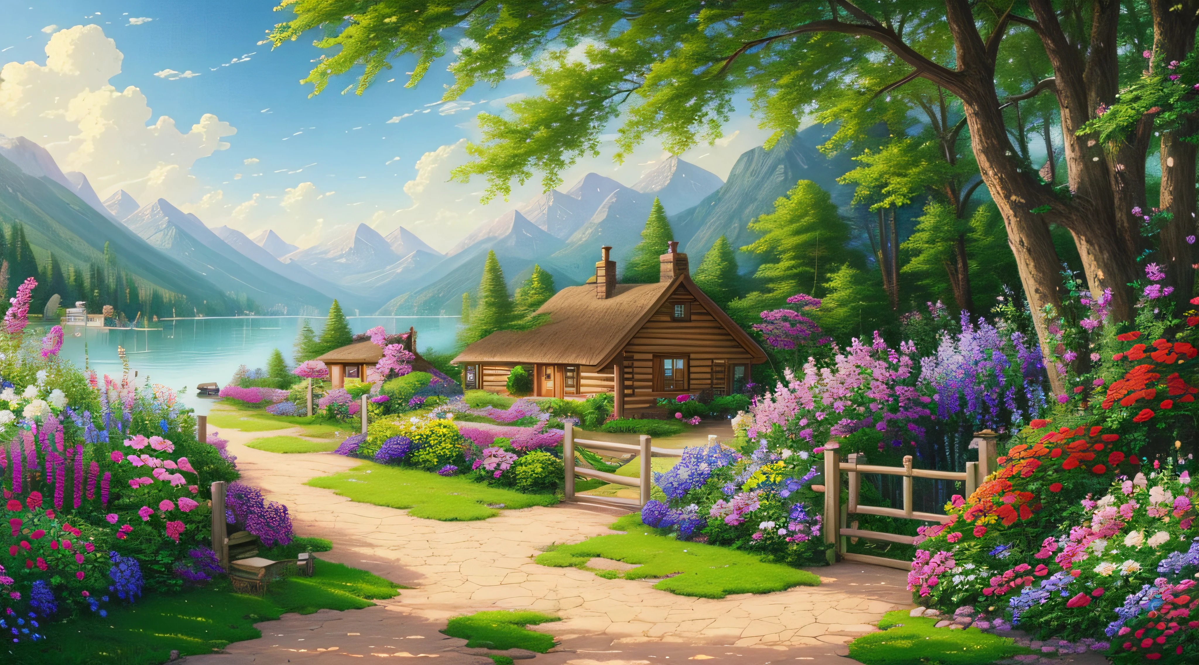 painting of a cottage, flowers beside of fence, fence along the road,  mountain landscape with a lake and a boat, illustration matte painting,  inspired by Thomas Kinkade, symmetric matte painting, detailed scenery , style raw, 8 k ultra detailed