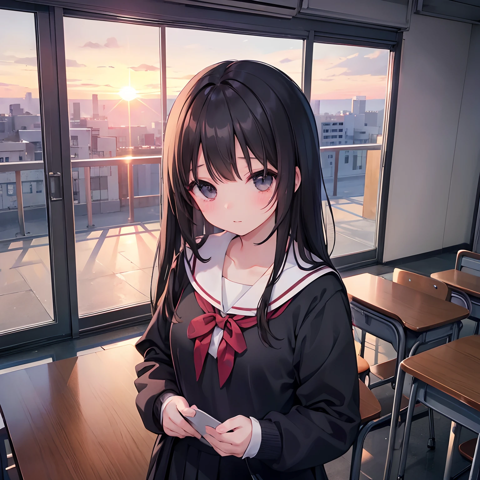 女の子1人、A dark-haired、Black eyes、校服、school、Classroom、classmate、mournful、desolate、early evening、Sunset、bustshot