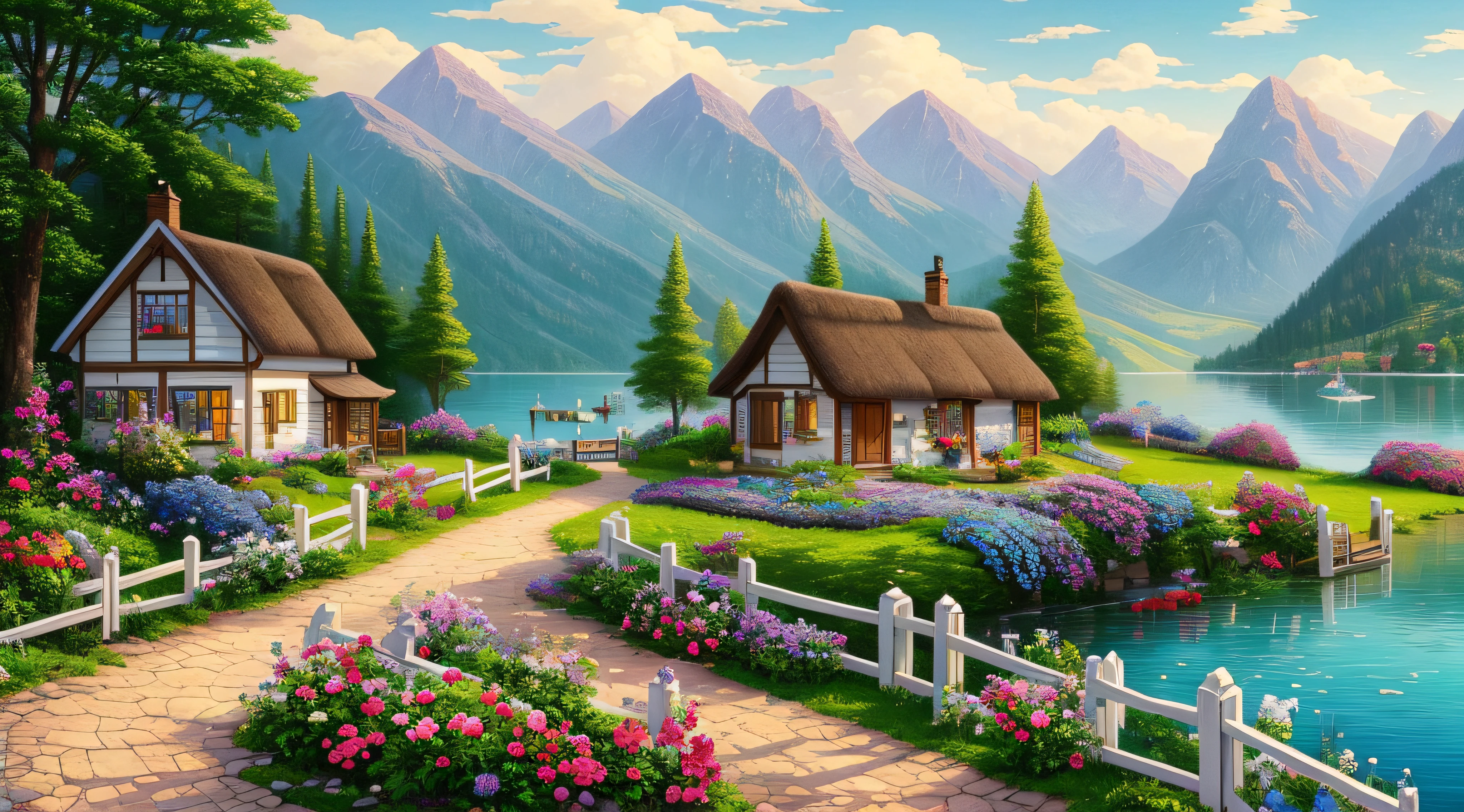 painting of a cottage, flowers beside of fence, fence along the road, mountain landscape with a lake and a boat, illustration matte painting, inspired by Thomas Kinkade, symmetric matte painting, detailed scenery , style raw, 8 k ultra detailed