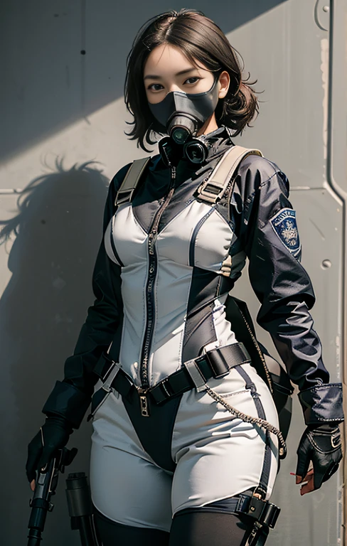 Highest image quality, outstanding details, ultra-high resolution, (realism: 1.4), ((close up:0.75)), highly condensed 1lady, with beautiful and a delicate face, perfect proportion, (Kicking To Viewer), (chubby:0.3, small breasts), (cloths color base ratio black:0.4 white:0.5), (wearing racing suit likes police uniform, black and gray mecha, wearing high-tech heavy gasmask, military harness, holding a machinegun, carrying hich-tech-flamethrower -tank on back), captain, background simple gray wall,