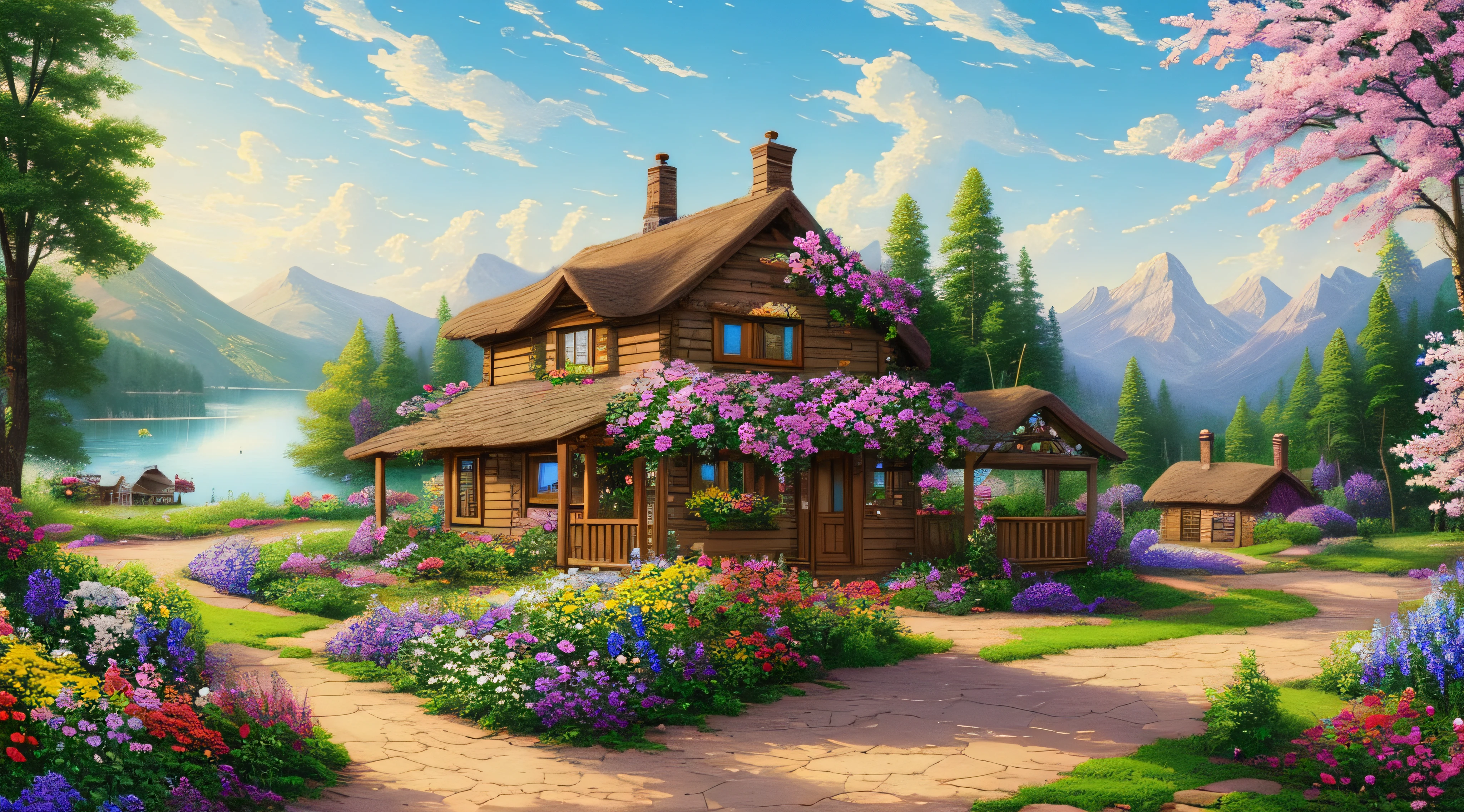 painting of a cottage, flowers beside of fence, fence along the road, mountain landscape with a lake and a boat, illustration matte painting, inspired by Thomas Kinkade, symmetric matte painting, detailed scenery , style raw, 8 k ultra detailed