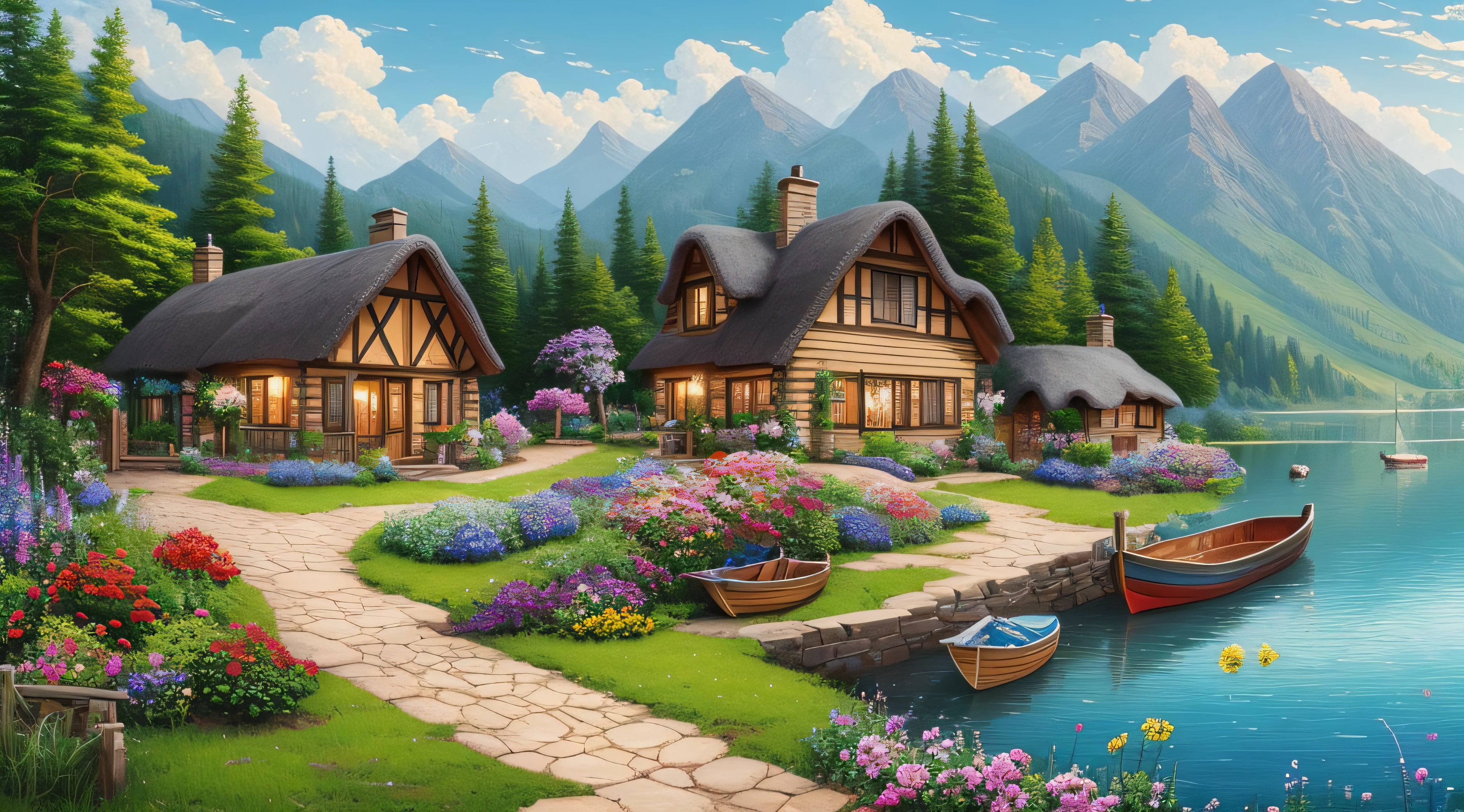 painting of a cottage, flowers beside of fence, fence along the road,  mountain landscape with a lake and a boat, illustration matte painting,  inspired by Thomas Kinkade, symmetric matte painting, detailed scenery , style raw, 8 k ultra detailed