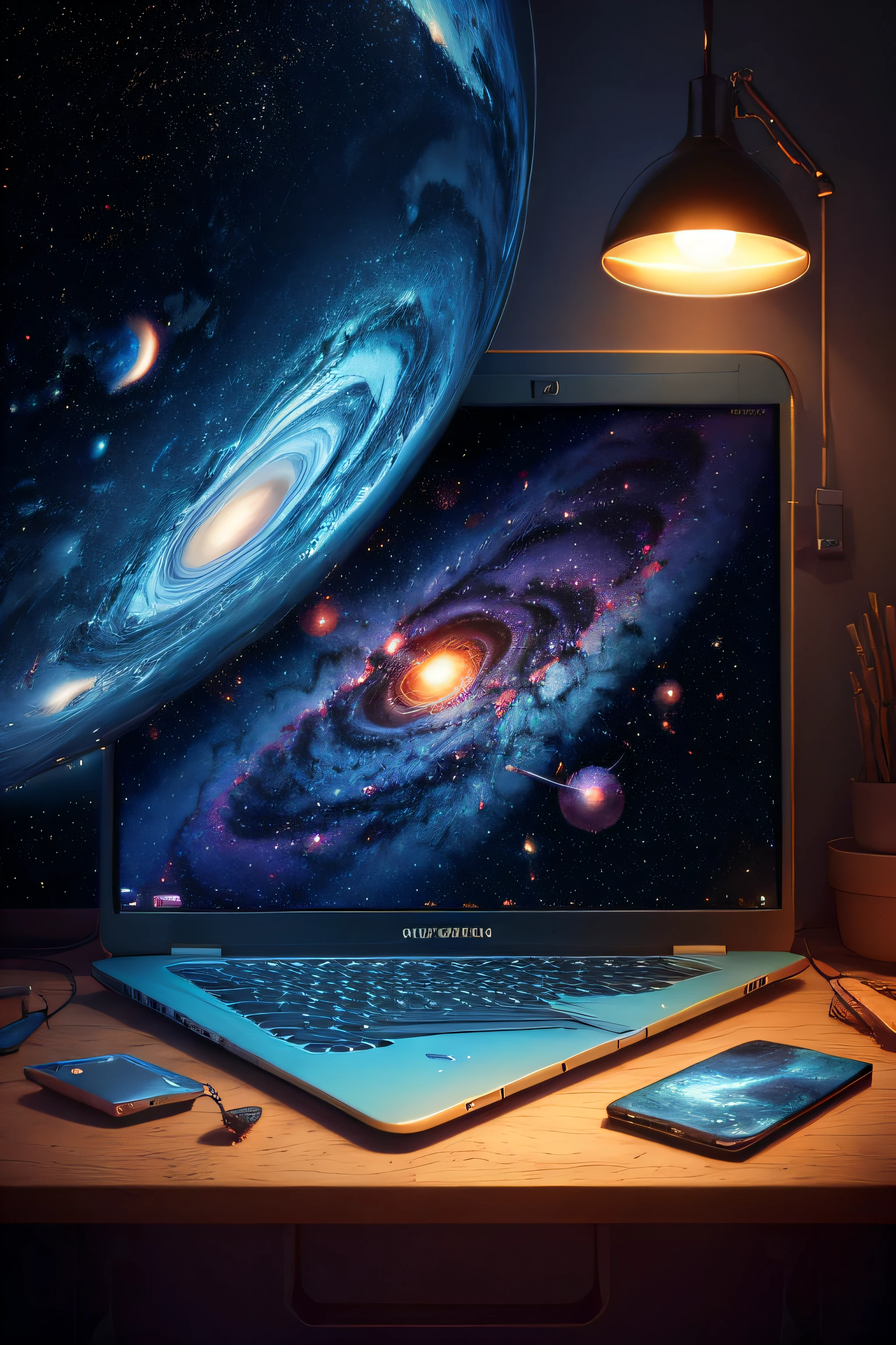 "laptop on a galaxy-themed desk"