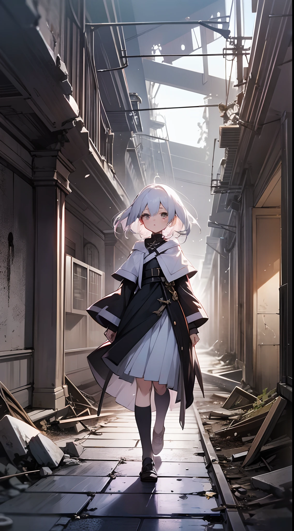 A girl with white hair, Anime-style, On the underground streets of ruins, With cinematic lighting