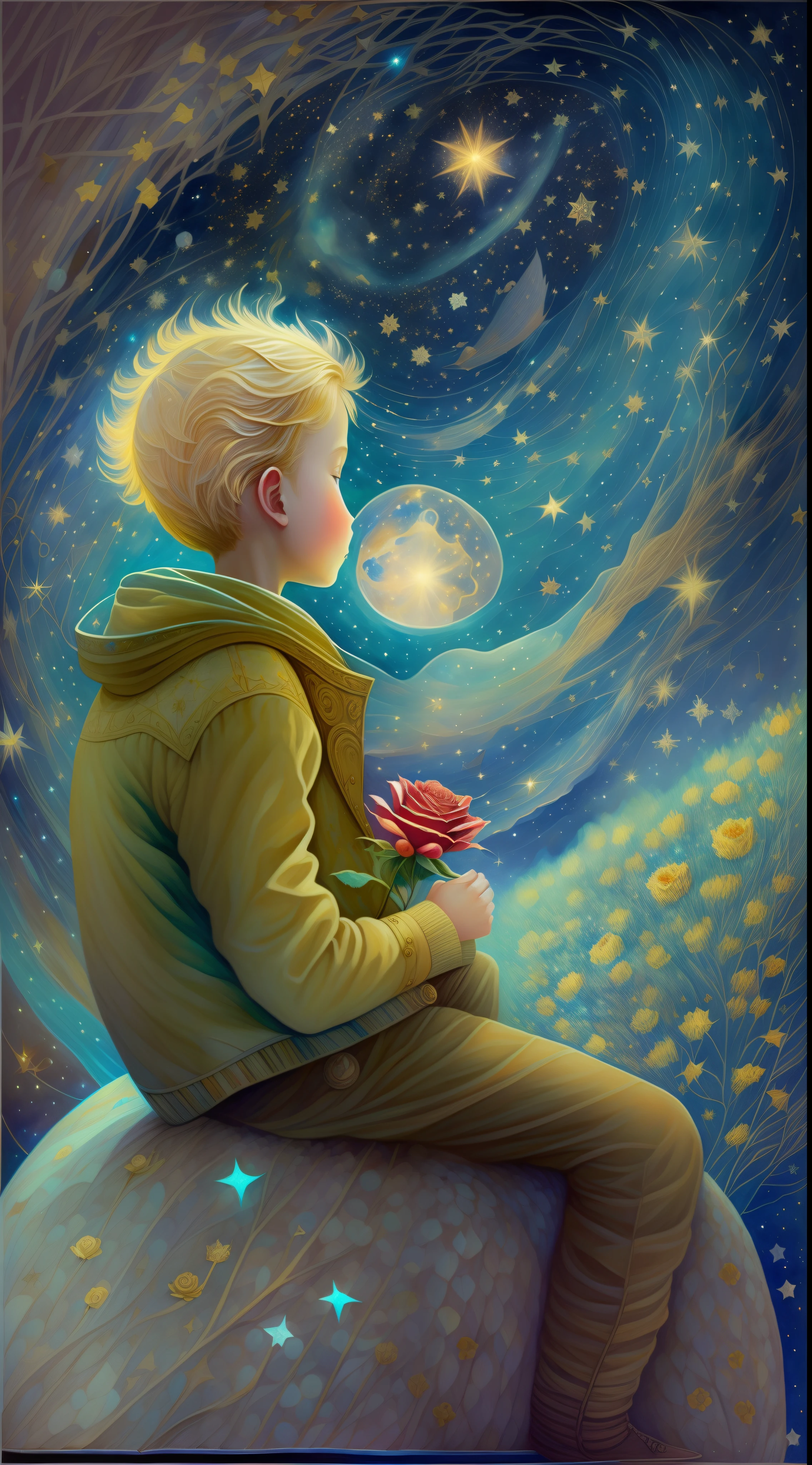 half portrait, Best Quality, Masterpiece, extra high resolution, (foto realista: 2.5), surrealism, dream-like, ((The image of the Little Prince)), hair light, light blue eyes, Starry sky, Next to him sits 1lis, night time, Stars, galaxy, There is also a rose and a planet, Sprouted baobabs , ((The Little Prince)), Fairytale painting, A bright light masterpiece, The Little Prince, breathtaking art, illustartion!, by Anna Haifisch, by Julia Pishtar, The landing of Antoine Exupéry, fantastic art, A fairytale work of art, inspiring art, Fantastic works of art