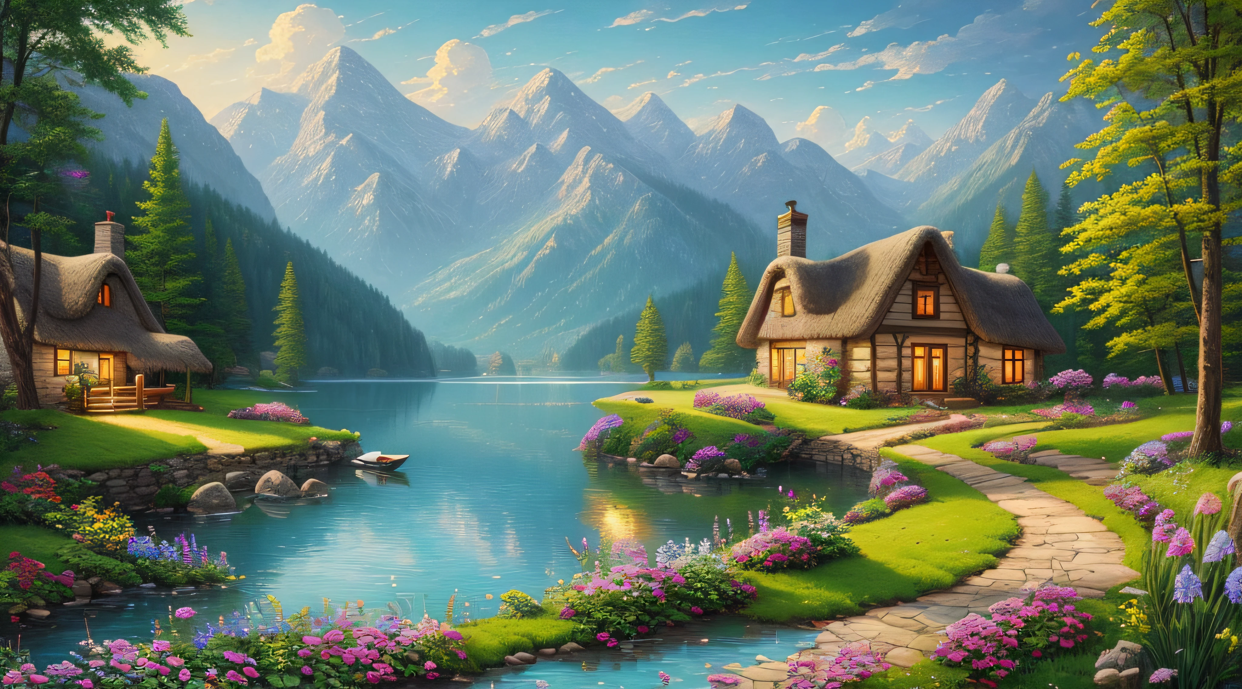 painting of a cottage, mountain landscape with a lake and a boat, illustration matte painting, inspired by Thomas Kinkade, symmetric matte painting, detailed scenery , style raw, 8 k ultra detailed