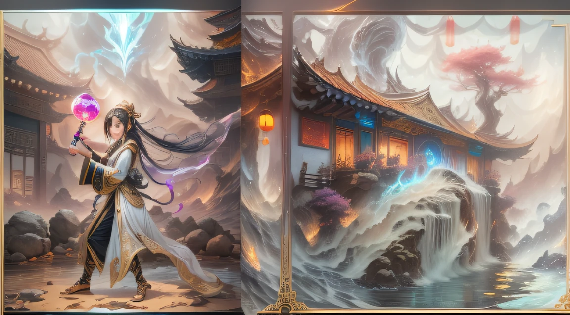 Behind-the-scenes canteen, ((Storyboard:1.8, Hyper-realistic_layout))Double pony-tailed female Taoist, Holding a long sword, Fight people, anatomy correct,Black and gold robes,fantasy, Ethereal, (isolation:1.1), (glaze:1.1), (reflective light:1.2), glass, polygon, Ultra detailed, Intricate, oil on the canvas, Dry brush, (surrealism:1.1), (Disturbing:1.1), Enhanced detail., 32K ,Ultra HD photography realistic photos,Comics-like panel layout, Voice balloons, Flying sand and rocks,Goddess of water control,flowing dark hair,Water Goddess 32K,复杂,ellegance,highly detailed,A majestic,Digital photography,Smoke and smoke,surrealism painting,thin fog,Beating magic,Entwined water magic,(tmasterpiece,Cinematic light),hdr,Energy storm(China 1 girl,)Water Goddess 32K,Side shot,Complex arena,full bodyesbian,surrealism painting,Broken rubies,Pulsating dynamic effects,Entwined water magic,(Cinematic light),hdr,Vista rotating storm background
