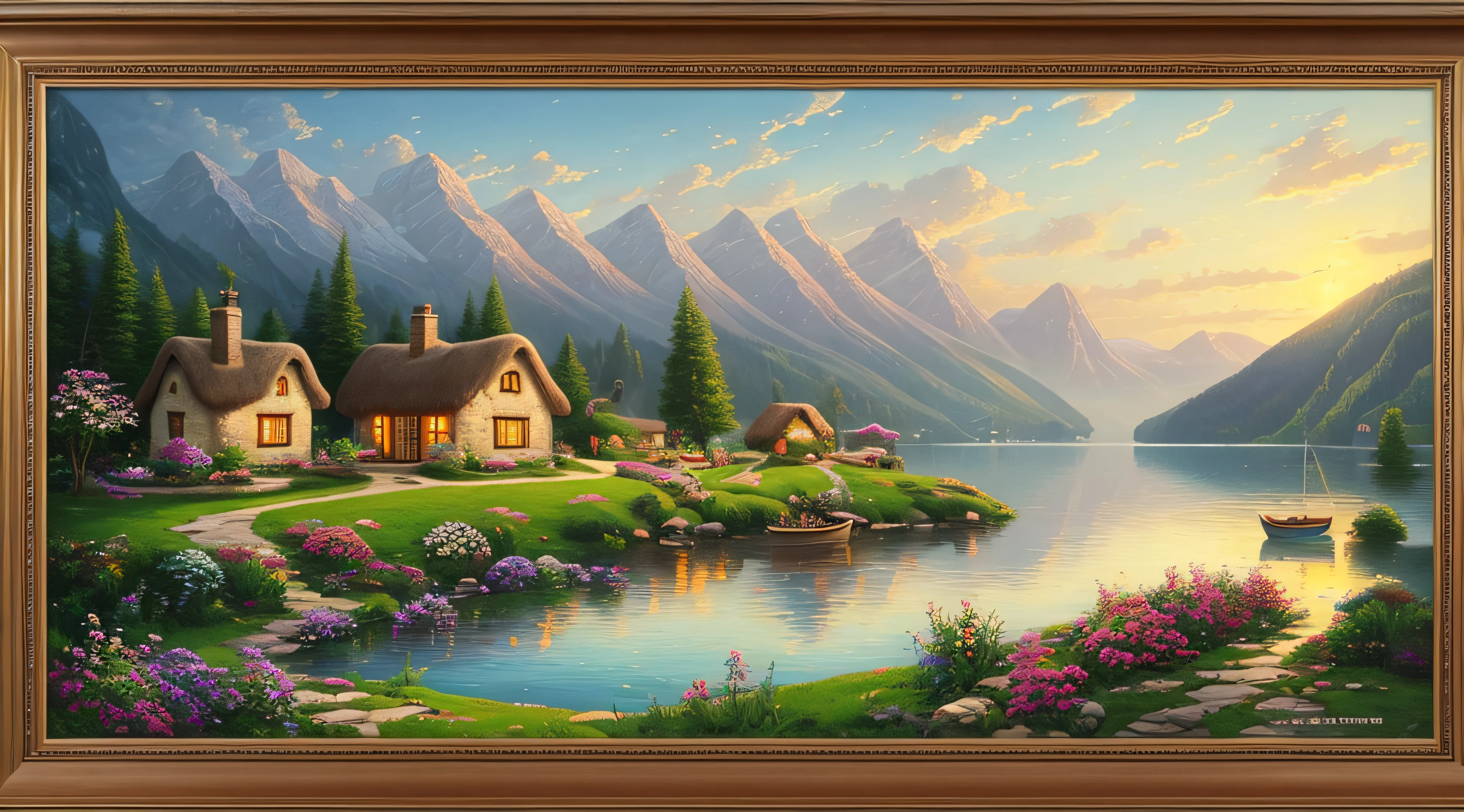 painting of a cottage, mountain landscape with a lake and a boat, illustration matte painting, inspired by Thomas Kinkade, symmetric matte painting, detailed scenery , style raw, 8 k ultra detailed