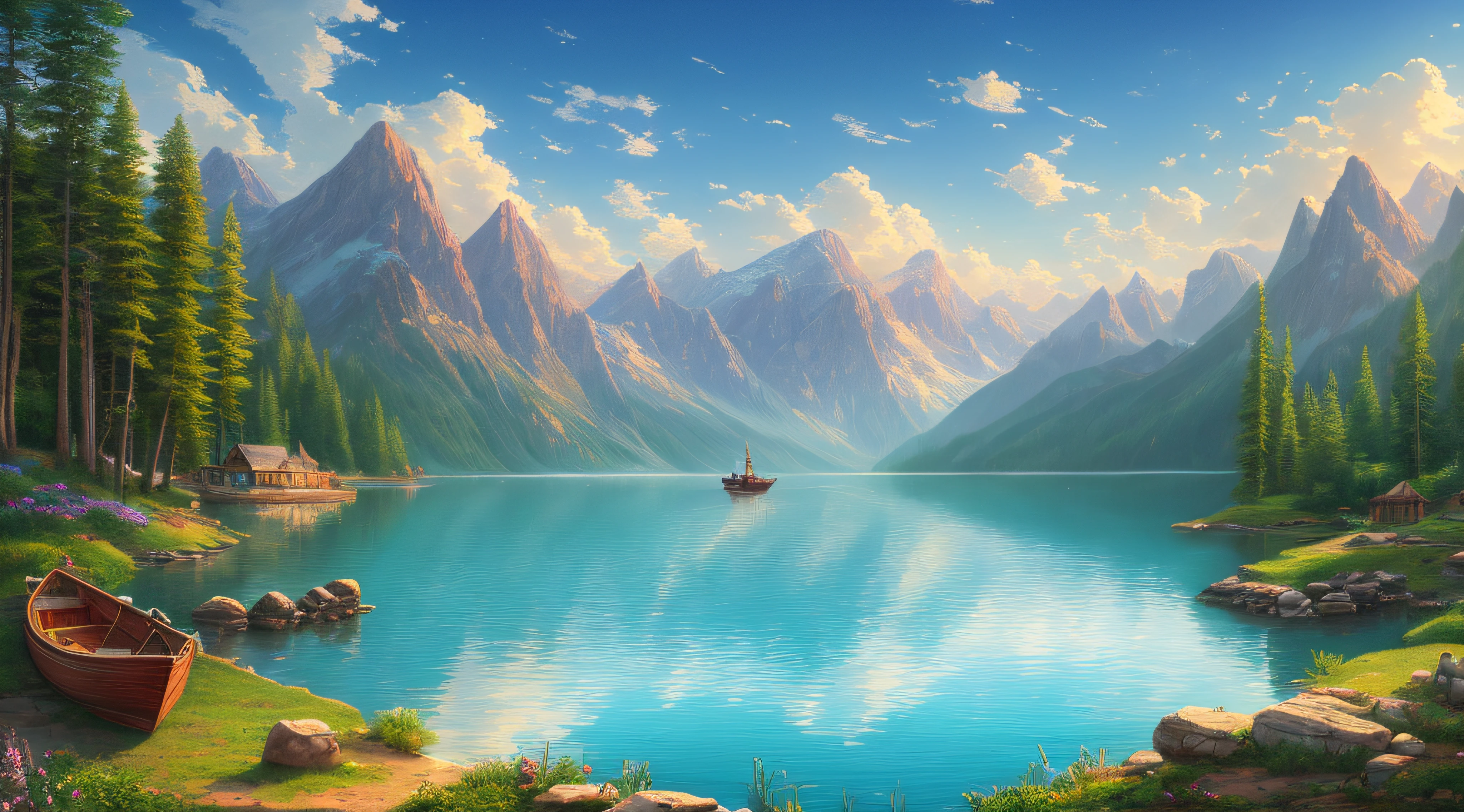 painting of a mountain landscape with a lake and a boat, illustration matte painting,  inspired by Thomas Kinkade, symmetric matte painting, detailed scenery , style raw, 8 k ultra detailed