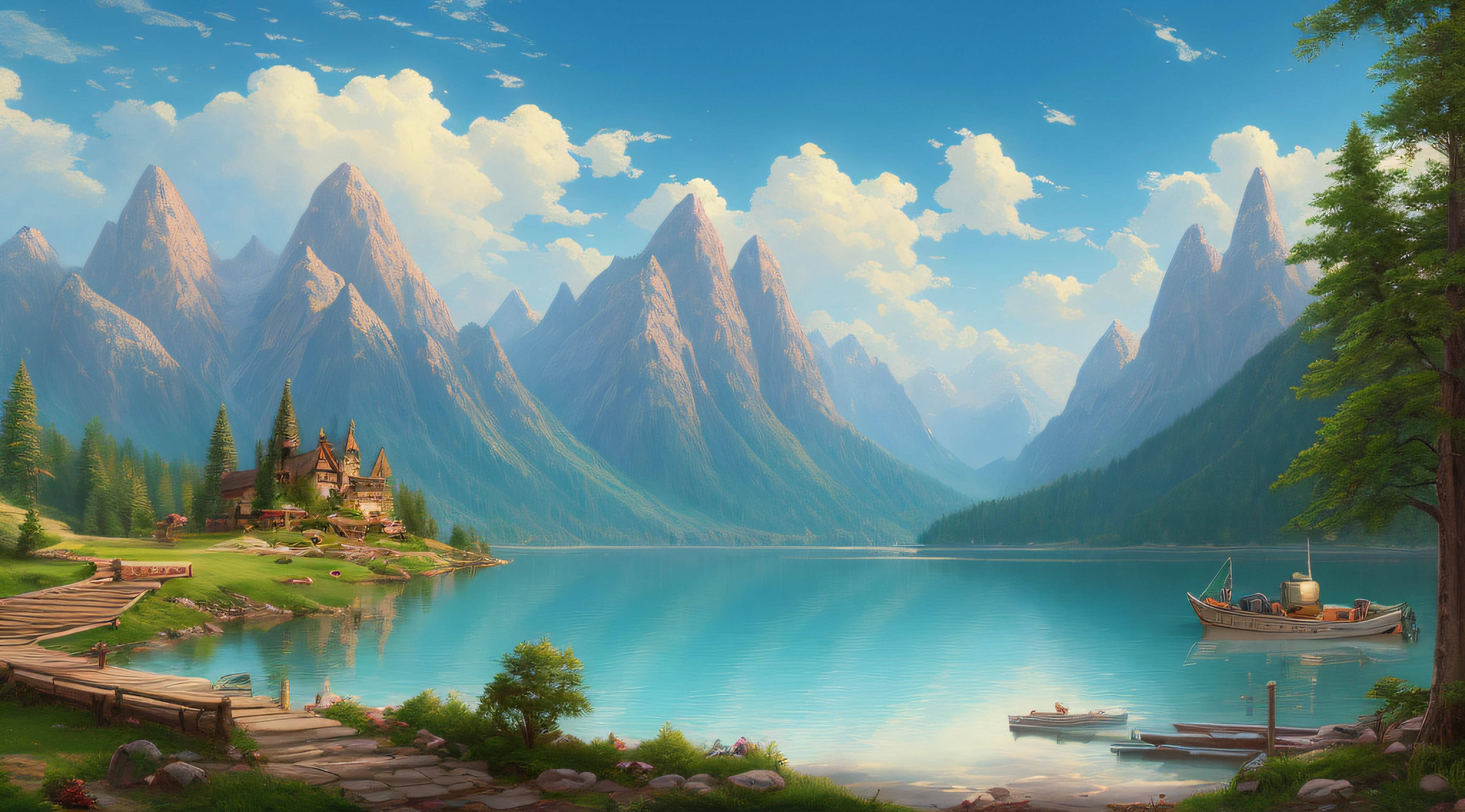 painting of a mountain landscape with a lake and a boat, illustration matte painting, inspired by Thomas Kinkade, symmetric matte painting, detailed scenery , style raw, 8 k ultra detailed
