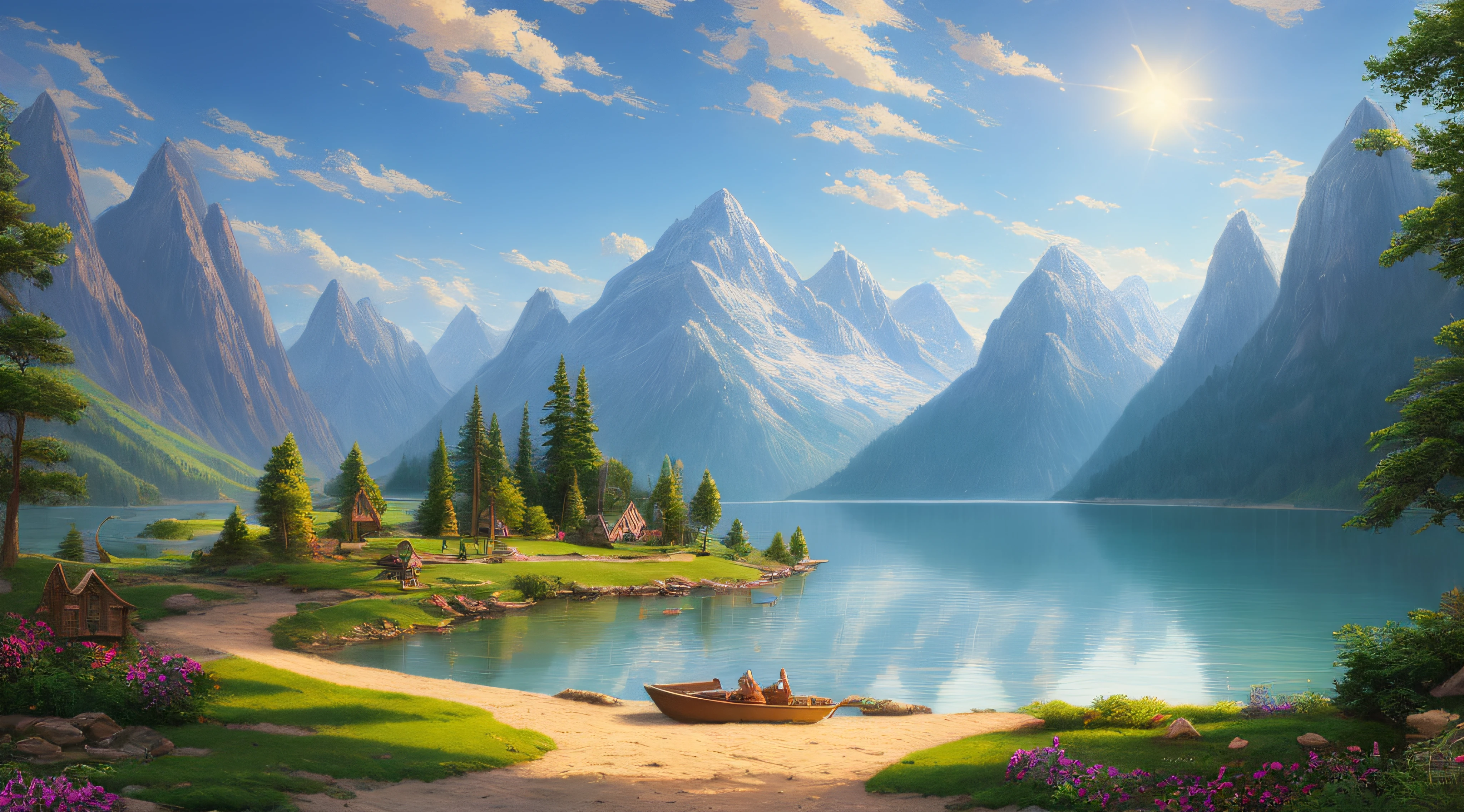 painting of a mountain landscape with a lake and a boat, illustration matte painting, inspired by Thomas Kinkade, symmetric matte painting, detailed scenery , style raw, 8 k ultra detailed