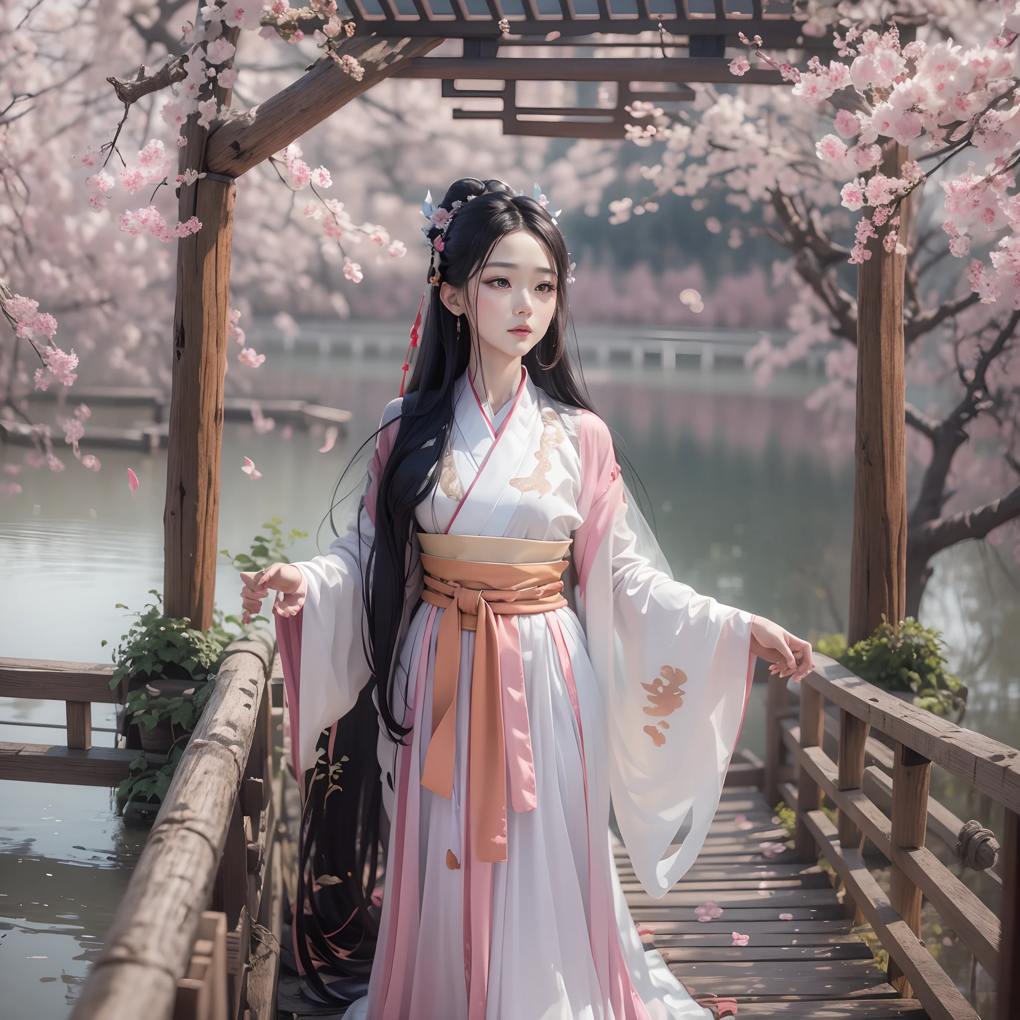 in the winter, On the small bridge stood a Hanfu sister，grown woman，perfect bodies，1 woman，Long hair and waist，The head is tied with a pink ribbon，Wearing a sheer tulle dress，Mop long skirts，White Hanfu，Large-sleeved shirt，full body1:1，8K quality，Film and television painting style，The face of the country