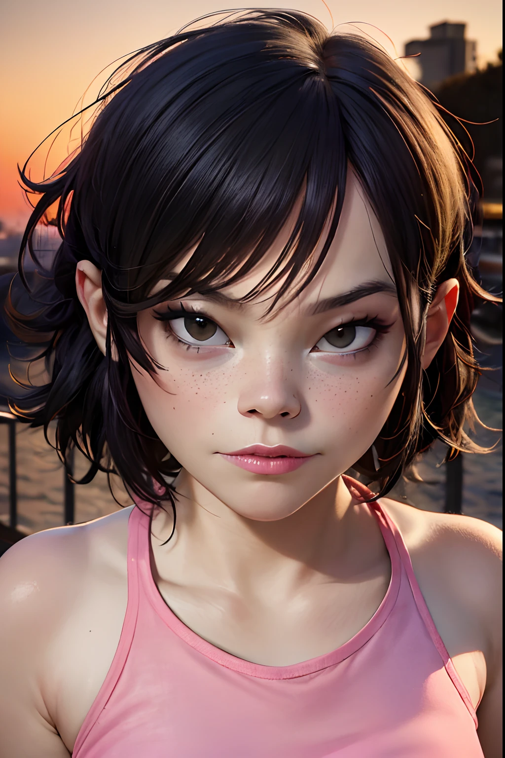 (masterpiece, best quality:1.2),  noodle (gorillaz), black hair, 1girl, black eyes, bangs,  parted lips, breasts, small breasts,  bob cut, absurdres, highres, 4k, ray tracing, perfect face, perfect eyes, intricate details, highly detailed, top-quality, masterpiece, best quality, on the wooden pier, (tank top:1.2), (pink halter top:1.4), 1girl, fully clothed, looking at viewer, (extreme close up, ecu, full face shot:1.3), (detailed face:1.4), (candid photography:1.2), colorful, content, relaxed, soft smile, (shoulder length hair:1.3), (foundation, concealer, mascara, rosy cheeks, smokey eye makeup, lipstick:1.3), nail polish, (beautiful, gorgeous, flawless complexion:1.2), lip gloss, shiny lips, freckles, antique rose, rustic brown, warm beige, dusty blue, faded olive, standing, (sunset, dusk:1.25), fcDetailPortrait, professional photography, HDR (High Dynamic Range), subsurface scattering, realistic, heavy shadow, masterpiece, ultra realistic, high resolution, golden ratio, rule of thirds, intricate, high detail, film photography, DSLR