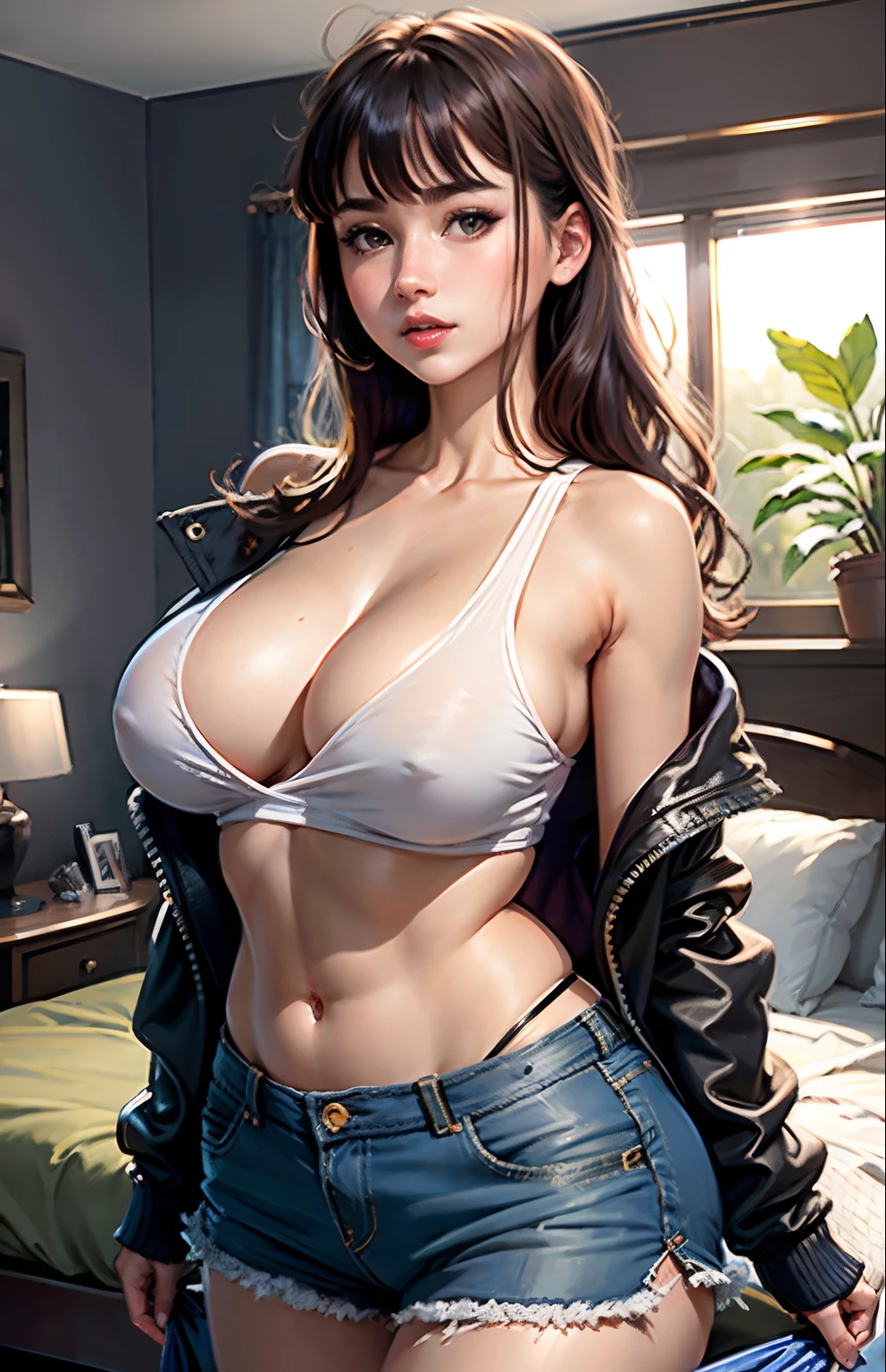Masterpiece, highres, high Quality, detailed face, detailed body render, 1girl, solo, hyuuga hinata, hinata-sleeveless-outfit, large breasts, big breast, sleeveless shirt, fishnet top, dark lips, unzipped jacket, no bra, breasts out, nipple, standing, blushes, (on bedroom)
