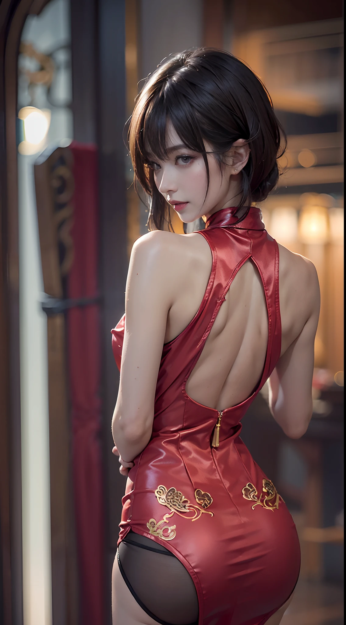 (NSFW), 1womanl, Solo, 24 year old, 7headed body, (cute face), (Ideal ratio body proportions), ((Composition from head to thigh)), Chinatown, Luxury Mini Cheongsam, Sleeveless, (((facing back))), (((Super close-up of buttocks))), (((Point your butt at the camera))), erectile nipple, Sexy body, Wet, Smiling smile, short-hair, Dark hair, small tits, A slender, Small buttocks, beauty legs, Skinny Legs, surrealism, Cinematic lighting, depth of fields, One-person viewpoint, F/1.8, 135 mm, nffsw, masutepiece, ccurate, ((Anatomically correct)), Textured skin, Super Detail, high details, High quality, awardwinning, Best Quality, hight resolution, 8K