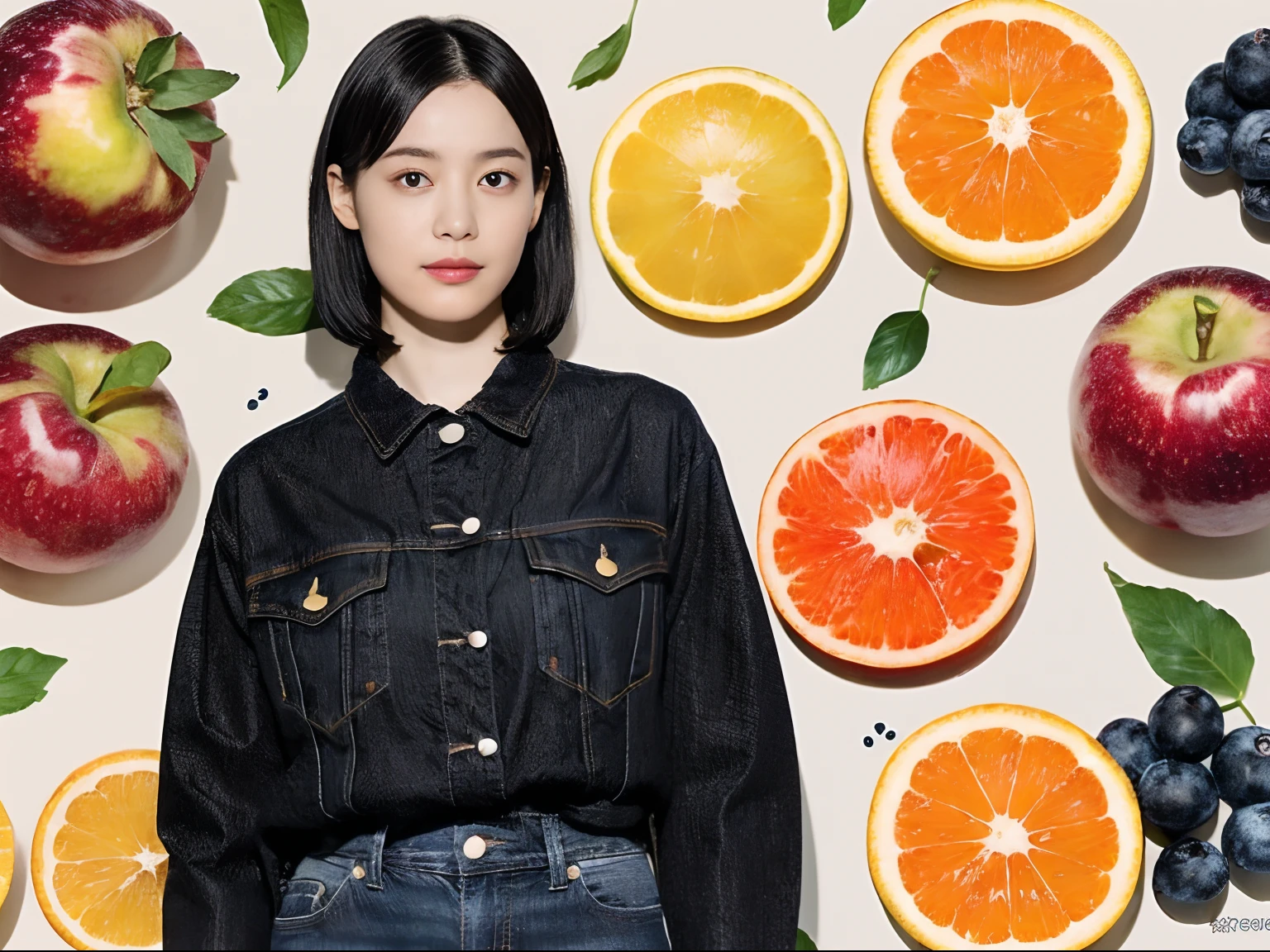 (Black Shorthair:1.3), (a 20 yo woman), (A hyper-realistic), (masutepiece), (8KUHD), Looking at the camera, jeans, (Clothes with fruit pattern:1.3), large full breasts, (Fruits for hair), living dining