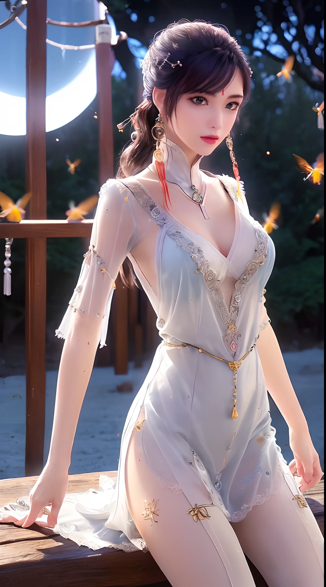 1 beautiful and sexy 20 year old girl, ((wearing a transparent silver nightgown with sexy white lace trim:1.7)), (((Transparent nightgown can see each part of the sexy girl's body:1.7))), ((a dress with diamonds:1.7)), ((long black hair:1.6)), jewelry elaborately made from precious stones and beautiful hair, the noble, noble style of an extremely beautiful girl, her small face is super cute, her face is very pretty, thin eyebrows, flawless beautiful face, ((black eye pupils: 0.8)), very beautiful eyes, ((silver eyes: 1.6)), (((big round eyes:1.6))), nice makeup and hair detailed eyelashes, steamy eye makeup, high nose, earrings, red lips, ((closed mouth: 1.5)) beautiful lips, slim hands, most beautiful thighs, ((arms spread out to the sides: 1.5)), rosy face, clean face, flawless beautiful face, smooth white skin, (big breasts: 1.5)), ((high breasts: 1.6)), tight breasts, beautiful cleavage, (((big breasts and super round: 1.8))), ((super tight breasts: 1.7)) , beautiful breasts, perfect body, back arms, chest out, ((sitting position with chest up and arms behind: 1.6)), ((open your legs:1.2)), don't be shy, 8k photo, super high quality, super realistic, super 10x pixels, optical, bright studio, bright edges, dual-tone lighting, (high-detail skin:1.2), super 8k, soft lighting, high quality, volumetric lighting, photorealistic, photorealistic high resolution, lighting, best photo, 4k, 8k quality, blur effect, smooth sharp, 10 x pixel, ((Beach at night and fireflies background:1.5)), aurora, lightning, super graphics realistic, most realistic graphics, 1 girl, alone, solo, Extremely sharp image, surreal, (((frontal portrait: 1.5)))."