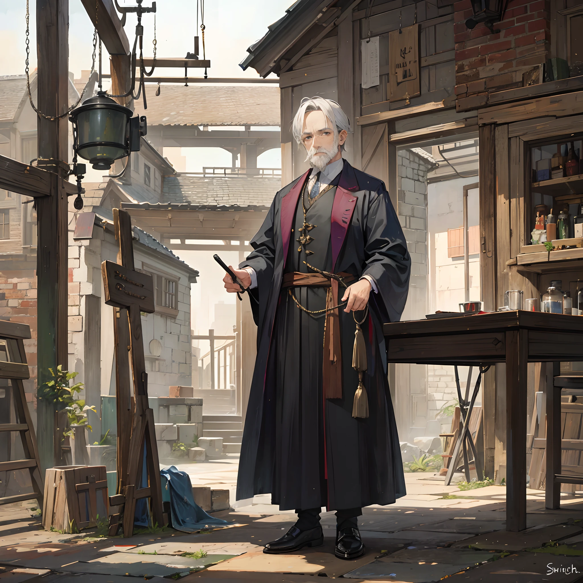 An old Smith looking at viewer, a workshop in background