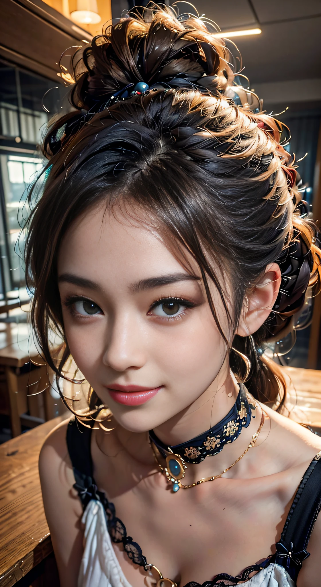 From  above,(Black hair, hair bobbles), (wince, longeyelashes),( Solid Circle Eyes), , ((lightsmile)), ear blush, , , drop shadow, anaglyph, stereograms, ,( Atmospheric perspective), in 8K, Super Detail, ccurate, Best Quality, nffsw, retinas, , Anatomically correct, Textured skin, , (cute seductive smile, Beautiful Asian１６Year old girl), , friendly seductive smile, , ,