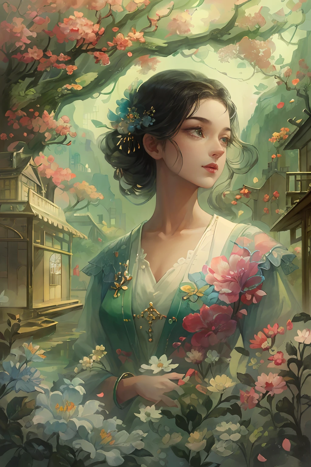 A grown woman standing in a beautiful garden, Surrounded by vibrant jasmine plants and jasmine petals floating in the air. The scenery is picturesque, A tranquil river flows beside the winding road. The woman has sharp and keen eyes, Long eyelashes enhance her beauty. Her lips are also beautiful, It adds to her haughty appearance。。。。. The artwork is of the highest quality, The resolution is 8K, Provides ultra-detailed and realistic depictions. The colors are vivid and vibrant, Add depth and life to your images. The overall style of the illustration is reminiscent of a masterpiece, Showcase intricate details and craftsmanship. The lighting in the scene is soft and soft, creating a warm and inviting atmosphere.
