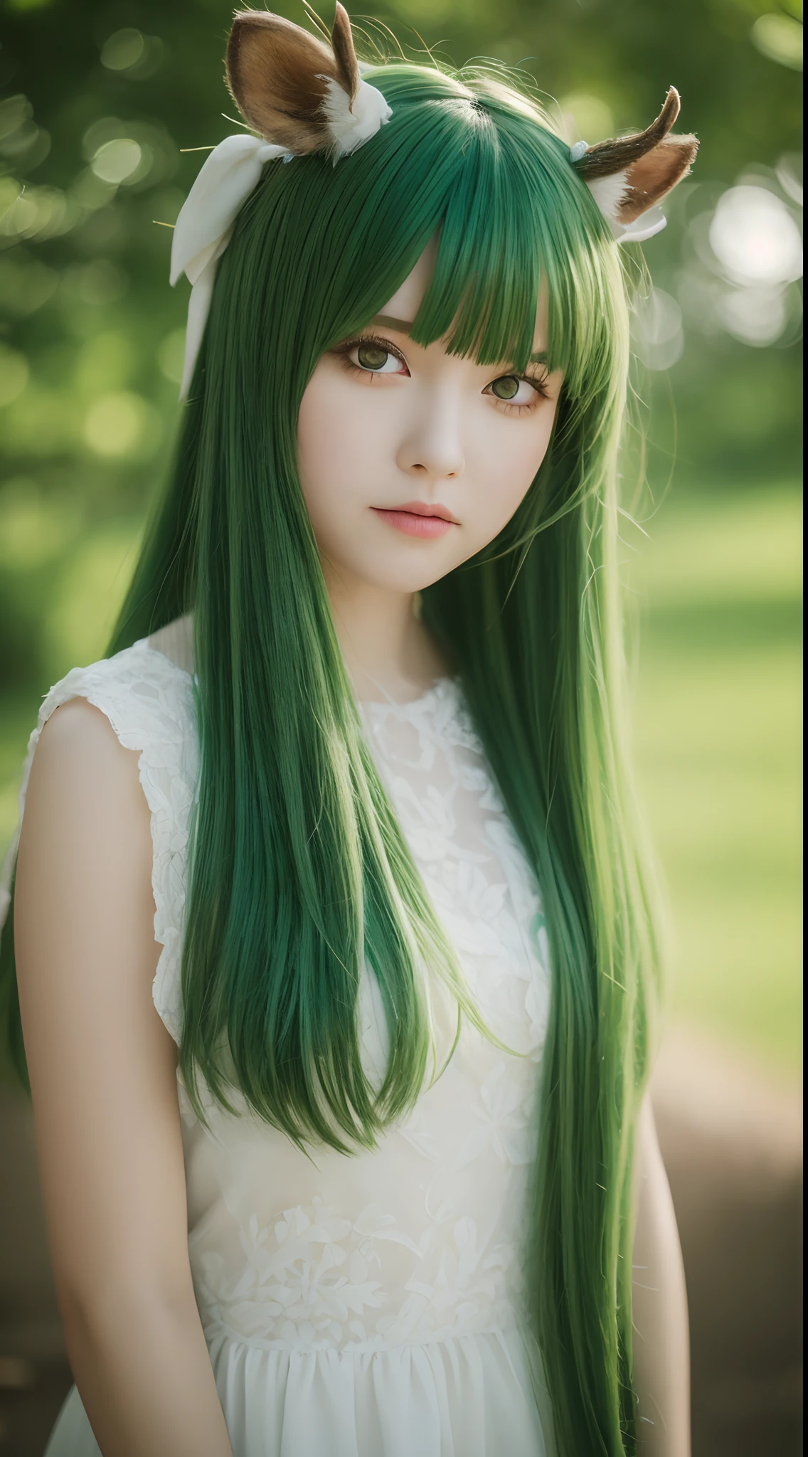 High-quality graphics,tmasterpiece,Bokeh,Green-haired beauty,Yellow vertical pupils,deer antlers,Maid decoration,Soft lighting,stooped,Playful,Sharp focus,Ultra-detailed,Portrait,landscape,Vivid colors,Soft lighting