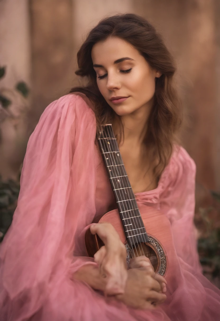 An oil painting of a rose, Teenager wearing pink silk playing a guitar. preto, fundo vazio. pintado no estilo de Hieronymus Bosch.