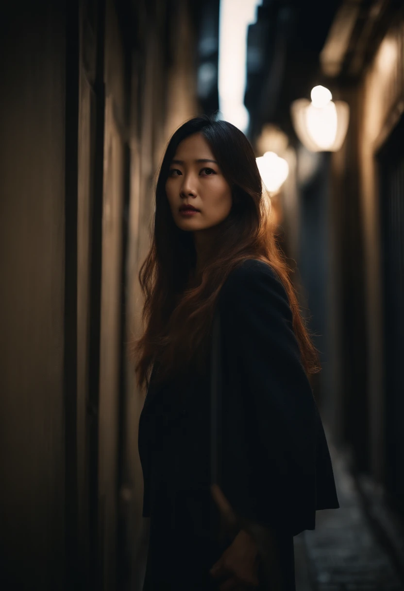 Japan woman with long hair is pressed against a wall in a dimly lit alley。
