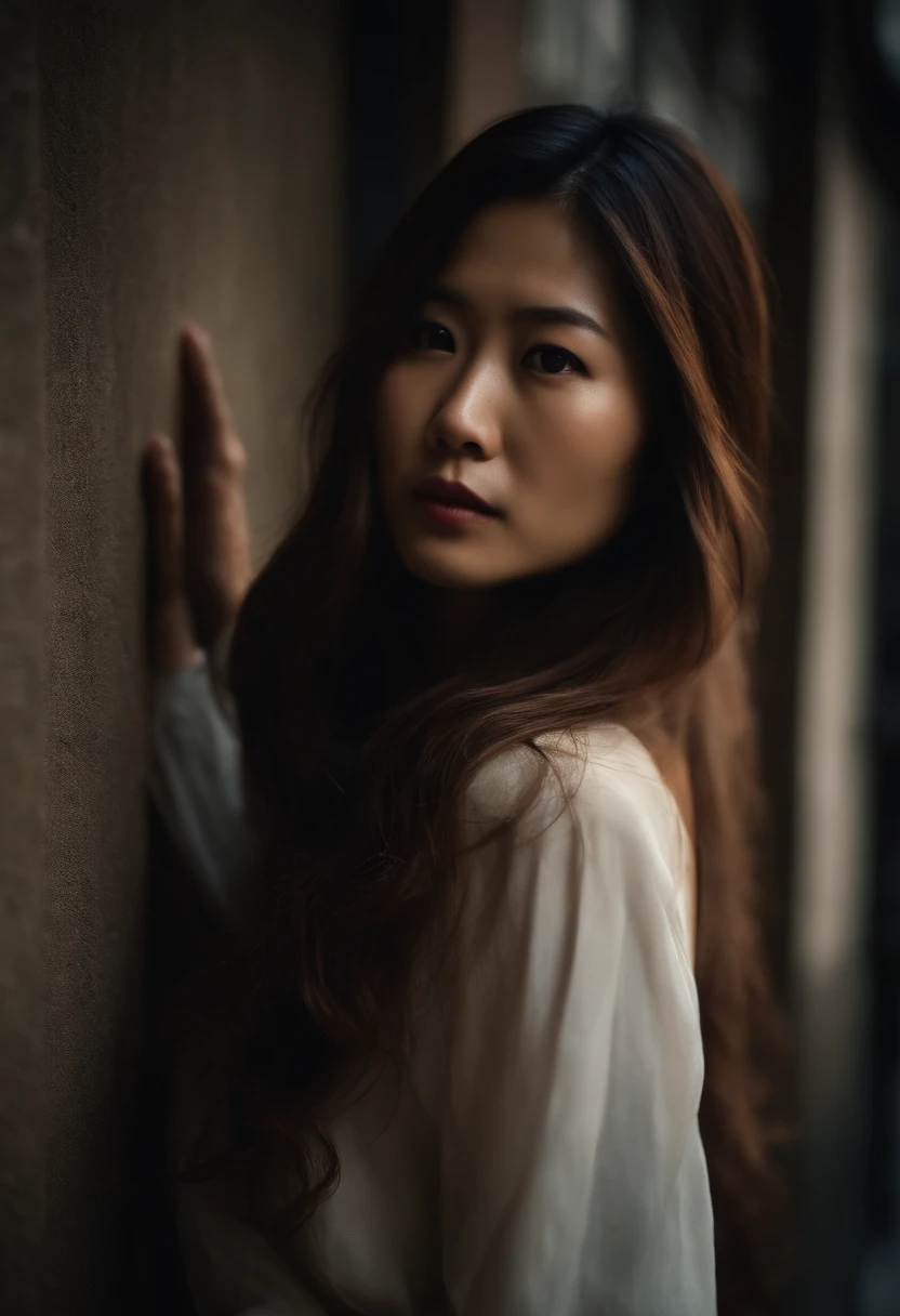 Japan woman with long hair is pressed against a wall in a dimly lit alley。