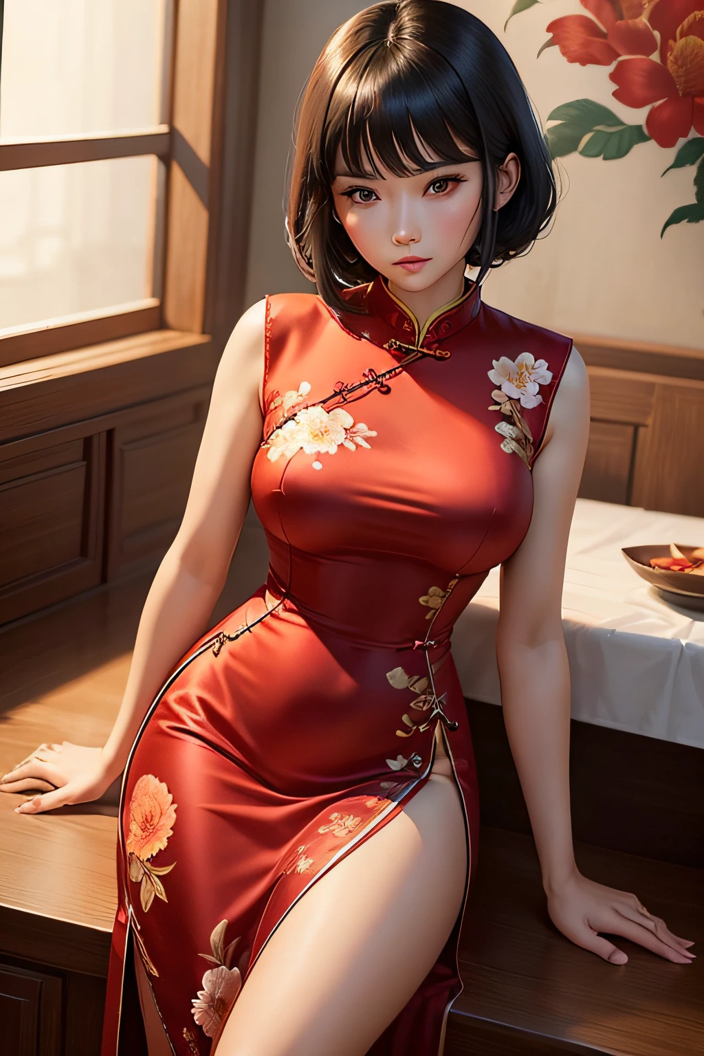 1 ladies solo, /(Red cheongsam，floral embroidery/), Mature female, /(Black hair/) bangs, The expression is serious, (masterpiece best quality:1.2) Exquisite illustrations are super detailed, Room rest /(Indoor Chinese restaurant/)