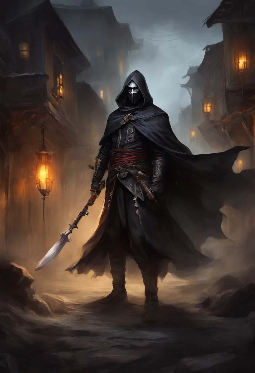 (ultra-detailed CG unit 8k wallpaper, Master parts, Best quality, depth of fields, hdr, 复杂), 1male, anime character, short silver hair, long black cape, black hood, no hoods, turtleneck, serious, metal mask in the eyes, The mask is painted with a scary smile, white mask, The mask fits the face just right, on top of a old town (night) , vigilant, trained physique, assassin style, black clothing all over the body, agile, light armor, anime (复杂: 1.4) (Master parts: 1.4) (illustration: 1.4), Red studio lighting, Post-processing, 8K resolution, deep dark background, imponent, Well-composed photos, Impressive, dark fantacy (director: greg rutkovsky: 1.2), (darken: 1.5)