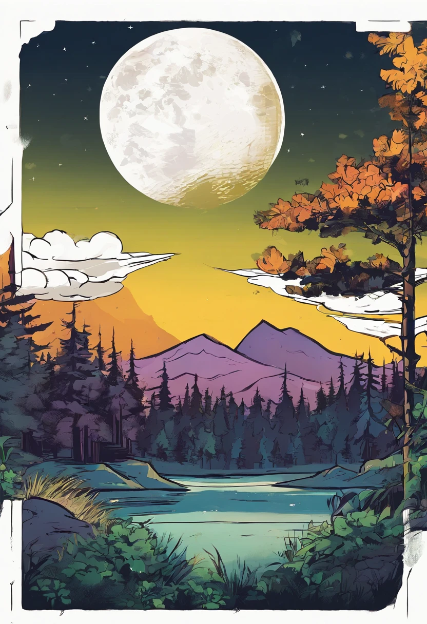 Night forest panels with full moon with mountains and grassland,