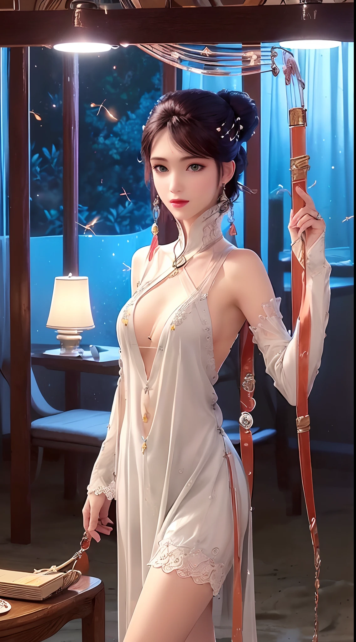 1 beautiful and sexy 20 year old girl, ((wearing a transparent silver nightgown with sexy white lace trim:1.7)), (((Transparent nightgown can see each part of the sexy girl's body:1.7))), ((a dress with diamonds:1.7)), ((long black hair:1.6)), jewelry elaborately made from precious stones and beautiful hair, the noble, noble style of an extremely beautiful girl, her small face is super cute, her face is very pretty, thin eyebrows, flawless beautiful face, ((black eye pupils: 0.8)), very beautiful eyes, ((silver eyes: 1.6)), (((big round eyes:1.6))), nice makeup and hair detailed eyelashes, steamy eye makeup, high nose, earrings, red lips, ((closed mouth: 1.5)) beautiful lips, slim hands, most beautiful thighs, ((arms spread out to the sides: 1.5)), rosy face, clean face, flawless beautiful face, smooth white skin, (big breasts: 1.5)), ((high breasts: 1.6)), tight breasts, beautiful cleavage, (((big breasts and super round: 1.8))), ((super tight breasts: 1.7)) , beautiful breasts, perfect body, back arms, chest out, ((sitting position with chest up and arms behind: 1.6)), ((open your legs:1.2)), don't be shy, 8k photo, super high quality, super realistic, super 10x pixels, optical, bright studio, bright edges, dual-tone lighting, (high-detail skin:1.2), super 8k, soft lighting, high quality, volumetric lighting, photorealistic, photorealistic high resolution, lighting, best photo, 4k, 8k quality, blur effect, smooth sharp, 10 x pixel, ((Beach at night and fireflies background:1.5)), aurora, lightning, super graphics realistic, most realistic graphics, 1 girl, alone, solo, Extremely sharp image, surreal, (((frontal portrait: 1.5)))."
