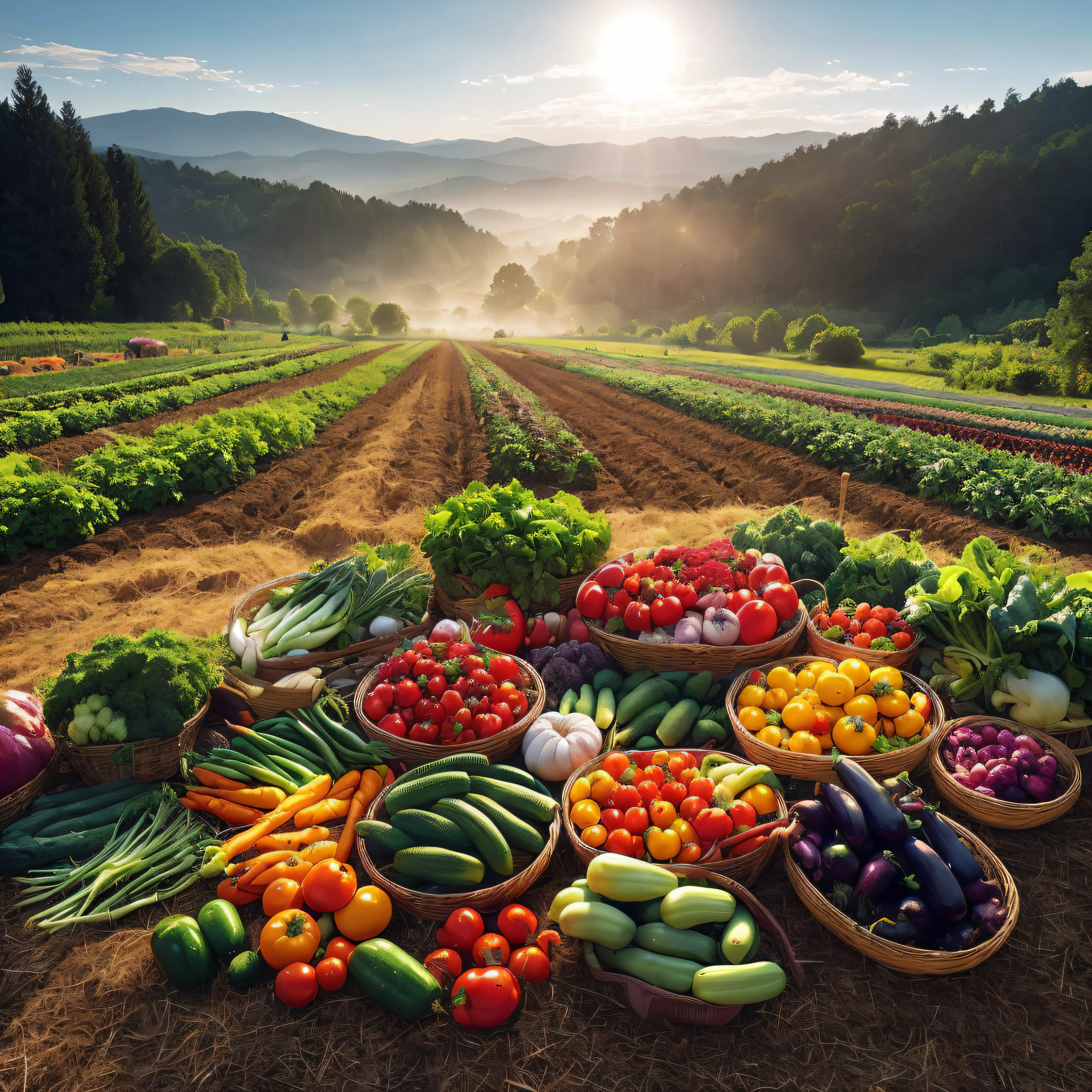 photoRealstic、4K、8K、Top image quality、Baskets on the ground contain different types of vegetables, Idyllic and fruitful land, permaculture, local cuisine, Verdure, veggies, Farmland, rows of lush crops, ❤🔥🍄🌪, abundant fruiting seeds, radiant morning light, vibrant setting, by Franz Hegi, high quality picture, summer morning light, harvest, Sunny morning light