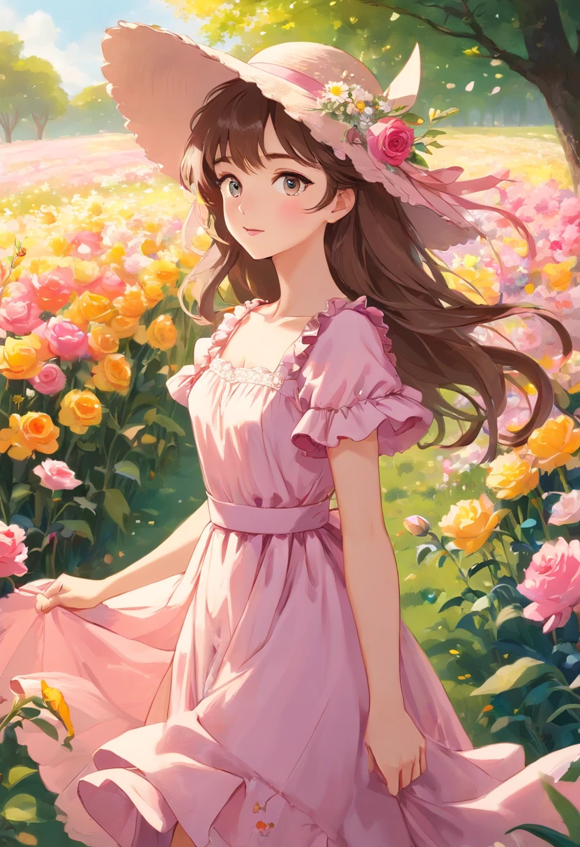 (best quality,highres,ultra-detailed,realistic:1.37), HDR, professional, vibrant colors, beautifully styled girl in a (flowing, elegant) dress, standing confidently amidst a (vivid, colorful) flower field. The dress is (exquisitely, intricately) designed with (delicate, intricate) patterns and (vibrant, eye-catching) colors that make her stand out. The girl is wearing a (stylish, fashionable) hat, adding a touch of elegance to her appearance. As the wind gently blows, her dress and hat (flutter, sway) in the breeze, creating a sense of movement in the scene. The flowers surrounding her are (in full bloom, bursting with vibrant colors), creating a picturesque setting. The sunlight casts a warm, golden glow on the girl and the flowers, enhancing the overall beauty of the scene. The atmosphere is (serene, peaceful), with birds chirping in the background and a gentle breeze rustling the leaves.
Additional details: The girl has (flowing, wavy) hair that cascades down her shoulders. Her eyes are (bright, expressive) and radiate a sense of joy and curiosity. Her lips are (soft, pink) and form a gentle smile. She stands with (graceful, confident) posture, slightly tilting her head to one side. The field is filled with a variety of flowers, including (roses, daisies, tulips, daffodils), forming a vibrant and diverse color palette. Butterflies and bees fly around, adding a sense of liveliness to the scene. The dress has (ruffles, lace) that add a touch of femininity and elegance. The hat is adorned with (flowers, ribbons), complementing the overall look.
Artistic style: Captivating portraits, with emphasis on beauty and elegance
Color palette: (Pastel, vibrant) colors to create a dreamy and enchanting atmosphere
Lighting: Soft sunlight filtering through the foliage, casting (subtle, gentle) shadows on the girl and flowers, creating a natural and warm ambiance.