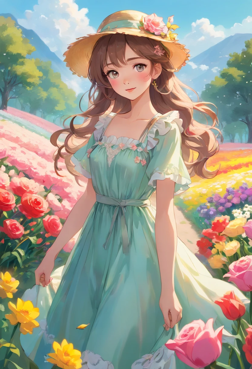(best quality,highres,ultra-detailed,realistic:1.37), HDR, professional, vibrant colors, beautifully styled girl in a (flowing, elegant) dress, standing confidently amidst a (vivid, colorful) flower field. The dress is (exquisitely, intricately) designed with (delicate, intricate) patterns and (vibrant, eye-catching) colors that make her stand out. The girl is wearing a (stylish, fashionable) hat, adding a touch of elegance to her appearance. As the wind gently blows, her dress and hat (flutter, sway) in the breeze, creating a sense of movement in the scene. The flowers surrounding her are (in full bloom, bursting with vibrant colors), creating a picturesque setting. The sunlight casts a warm, golden glow on the girl and the flowers, enhancing the overall beauty of the scene. The atmosphere is (serene, peaceful), with birds chirping in the background and a gentle breeze rustling the leaves. 

Additional details: The girl has (flowing, wavy) hair that cascades down her shoulders. Her eyes are (bright, expressive) and radiate a sense of joy and curiosity. Her lips are (soft, pink) and form a gentle smile. She stands with (graceful, confident) posture, slightly tilting her head to one side. The field is filled with a variety of flowers, including (roses, daisies, tulips, daffodils), forming a vibrant and diverse color palette. Butterflies and bees fly around, adding a sense of liveliness to the scene. The dress has (ruffles, lace) that add a touch of femininity and elegance. The hat is adorned with (flowers, ribbons), complementing the overall look.

Artistic style: Captivating portraits, with emphasis on beauty and elegance

Color palette: (Pastel, vibrant) colors to create a dreamy and enchanting atmosphere

Lighting: Soft sunlight filtering through the foliage, casting (subtle, gentle) shadows on the girl and flowers, creating a natural and warm ambiance.