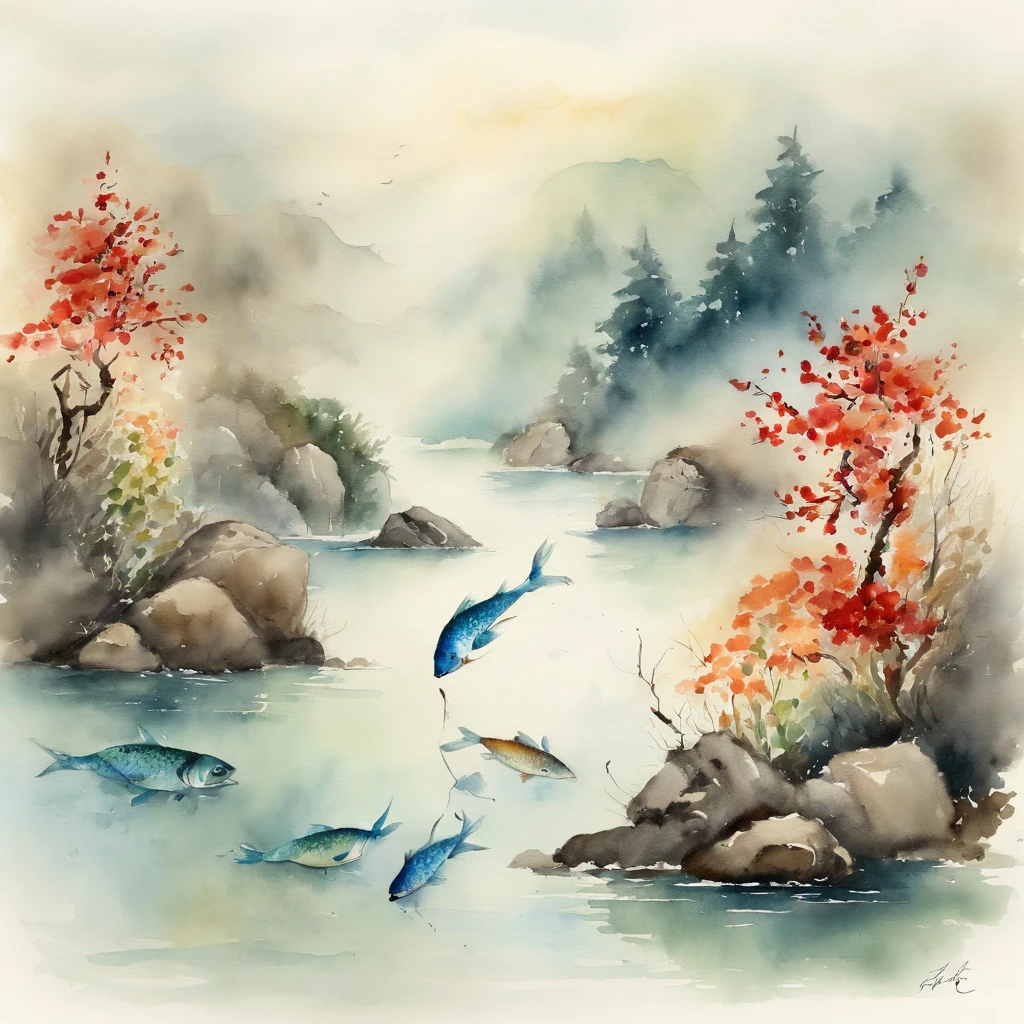 #image fishes, Chinese watercolor painting