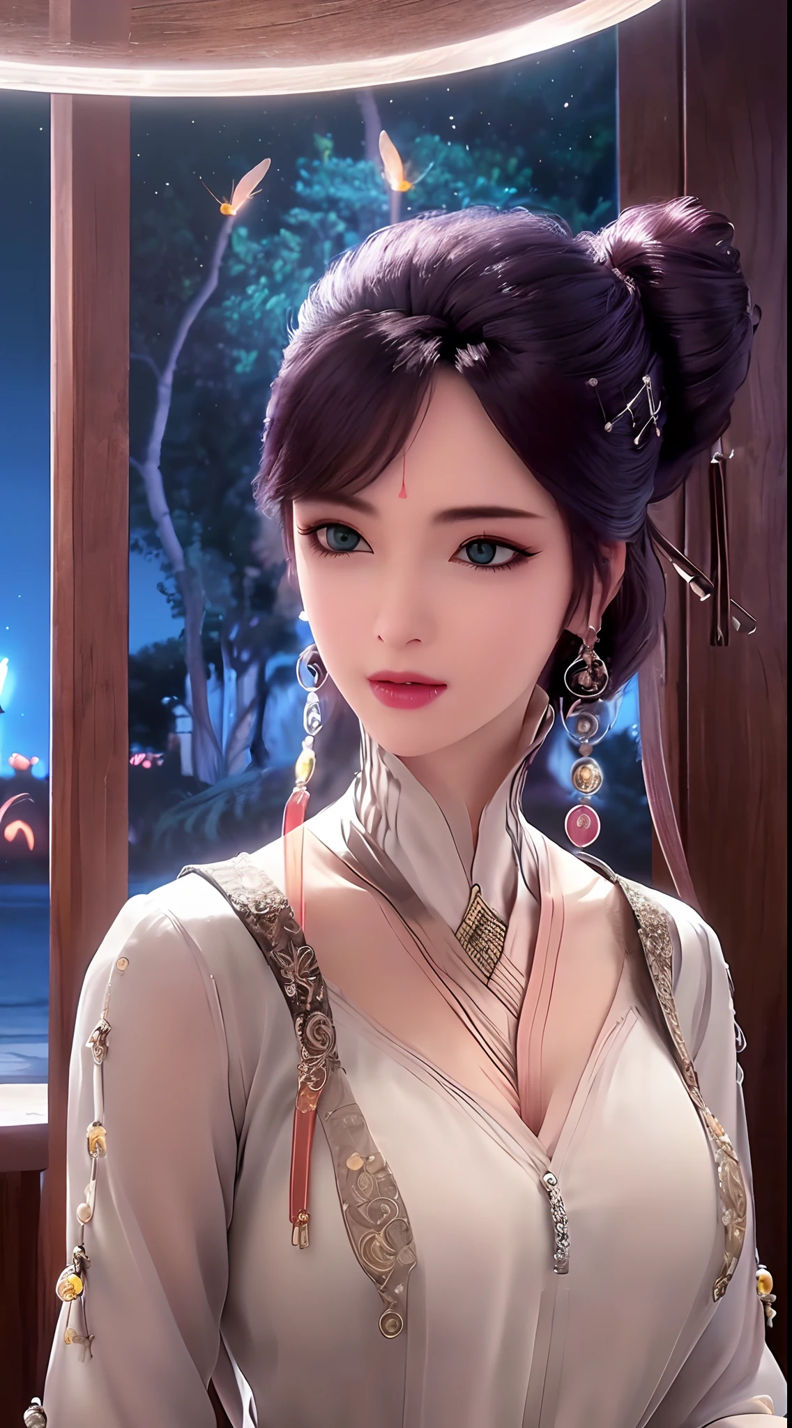 1 beautiful and sexy 20 year old girl, ((wearing a transparent silver nightgown with sexy white lace trim:1.7)), (((Transparent nightgown can see each part of the sexy girl's body:1.7))), ((a dress with diamonds:1.7)), ((long black hair:1.6)), jewelry elaborately made from precious stones and beautiful hair, the noble, noble style of an extremely beautiful girl, her small face is super cute, her face is very pretty, thin eyebrows, flawless beautiful face, ((black eye pupils: 0.8)), very beautiful eyes, ((silver eyes: 1.6)), (((big round eyes:1.6))), nice makeup and hair detailed eyelashes, steamy eye makeup, high nose, earrings, red lips, ((closed mouth: 1.5)) beautiful lips, slim hands, most beautiful thighs, ((arms spread out to the sides: 1.5)), rosy face, clean face, flawless beautiful face, smooth white skin, (big breasts: 1.5)), ((high breasts: 1.6)), tight breasts, beautiful cleavage, (((big breasts and super round: 1.8))), ((super tight breasts: 1.7)) , beautiful breasts, perfect body, back arms, chest out, ((sitting position with chest up and arms behind: 1.6)), ((open your legs:1.2)), don't be shy, 8k photo, super high quality, super realistic, super 10x pixels, optical, bright studio, bright edges, dual-tone lighting, (high-detail skin:1.2), super 8k, soft lighting, high quality, volumetric lighting, photorealistic, photorealistic high resolution, lighting, best photo, 4k, 8k quality, blur effect, smooth sharp, 10 x pixel, ((Beach at night and fireflies background:1.5)), aurora, lightning, super graphics realistic, most realistic graphics, 1 girl, alone, solo, Extremely sharp image, surreal, (((frontal portrait: 1.5)))."