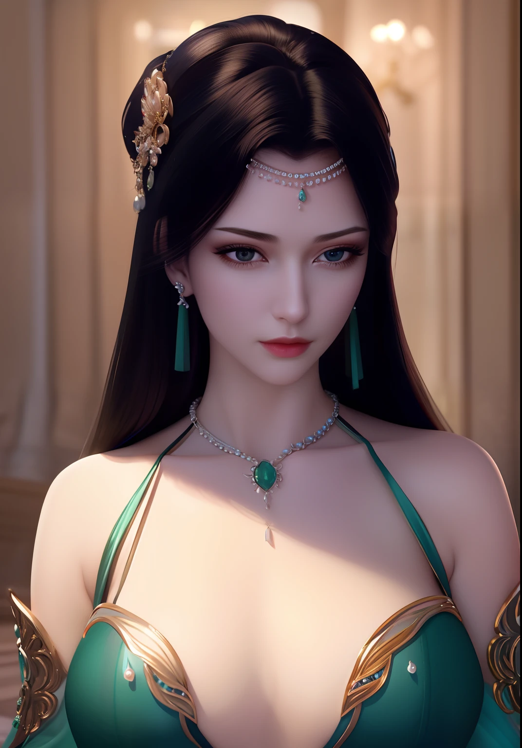 ultra realistic 8k cg, picture-perfect face, flawless, clean, masterpiece, professional artwork, famous artwork, cinematic lighting, cinematic bloom, perfect face, beautiful face, beautiful eyes, fantasy, dreamlike, unreal, science fiction,big breasts, beautiful clothes, absurdly long hair, very long hair, (rich:1.4), prestige, luxury, jewelry, diamond, gold, pearl, gem, sapphire, ruby, emerald, intricate detail, delicate pattern, charming, alluring, seductive, erotic, enchanting, hair ornament, necklace, earrings, bracelet, armlet,
((1girl, black dress, ))