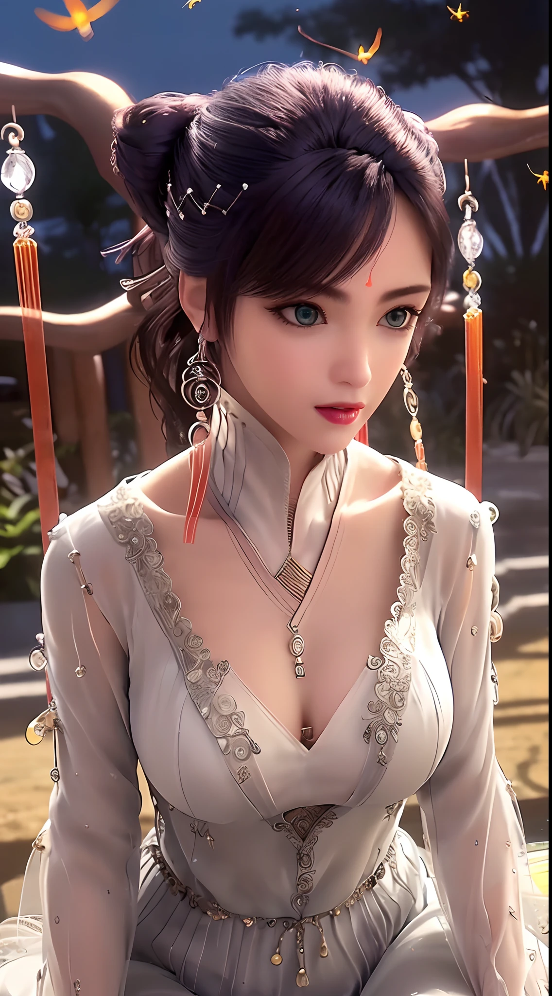 1 extremely beautiful princess, ((wearing an ultra-thin silver short nightgown:1.8)), nightgown with deep slit in the chest, sexy red lace short nightgown, ((Sit in a hunched position, put your chest up on the bed and lean your arms forward:1.7)), sexy nightgown style, long shiny black hair, the most beautiful and detailed hair jewelry, beautiful little face thin eyebrows, the most beautiful and spotless face, ((black iris:0.8)), the very beautiful eyes, big round eyes, ((silver eyes:1.1)), fine and detailed makeup eyelashes, high nose, wearing earrings, small red lips, rosy face, clean face, beautiful face without blemish, smooth white skin, ((Her breasts are big, tight and very round: 1.8)), Blums boobs, beautiful breasts, slim and petite body, ((thin waist: 0.9)), upper body of a beautiful girl, sexy girl, ((Open your legs: 1.6)), unashamed, ((arms hanging down on the bed:1.7)), ((chubby body:1.6)), 8k photo, super high quality, super realistic, 10x super pixels, photo realistic, dark studio, border light, two tone light, (detailed skin high: 1.2), 8k Ultra, soft light, high quality, volumetric light, candid, Photo, high resolution, light, best photo, 4k quality, 8k, Bokeh, Smooth and sharp, pixel up 10 times, lightning, super graphics, the most realistic graphics, (((beach at night background: 1.6))), 1 girl, alone, solo, ((frontal portrait:1.3)), Extremely sharp, super realistic images."