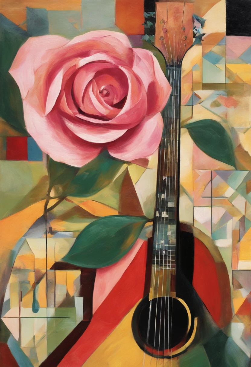 An oil painting of a rose, Adolescente vestindo seda rosa tocando uma guitarra. portanto, fundo vazio. painted non-style by Hieronymus Bosch.