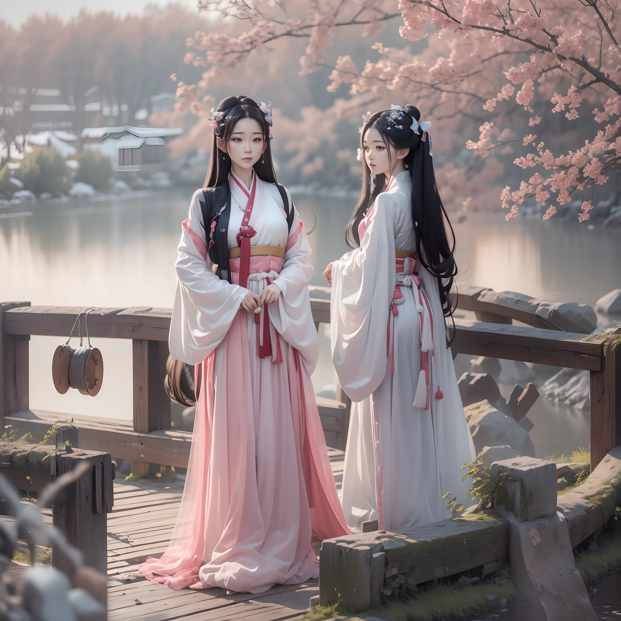 in the winter, On the small bridge stood a Hanfu sister，grown woman，perfect bodies，1 woman，Long hair and waist，The head is tied with a pink ribbon，Wearing a sheer tulle dress，Mop long skirts，White Hanfu，Large-sleeved shirt，full body1:1，8K quality，Film and television painting style，The face of the country