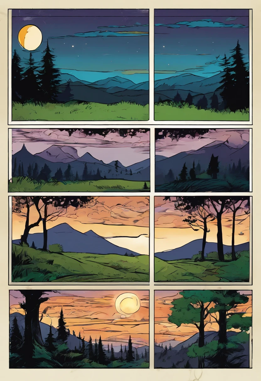 Night forest panels with full moon with mountains and grassland dark,comic panels