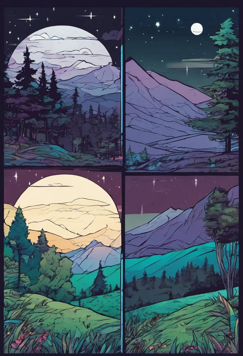 Night forest panels with full moon with mountains and grassland dark,comic panels