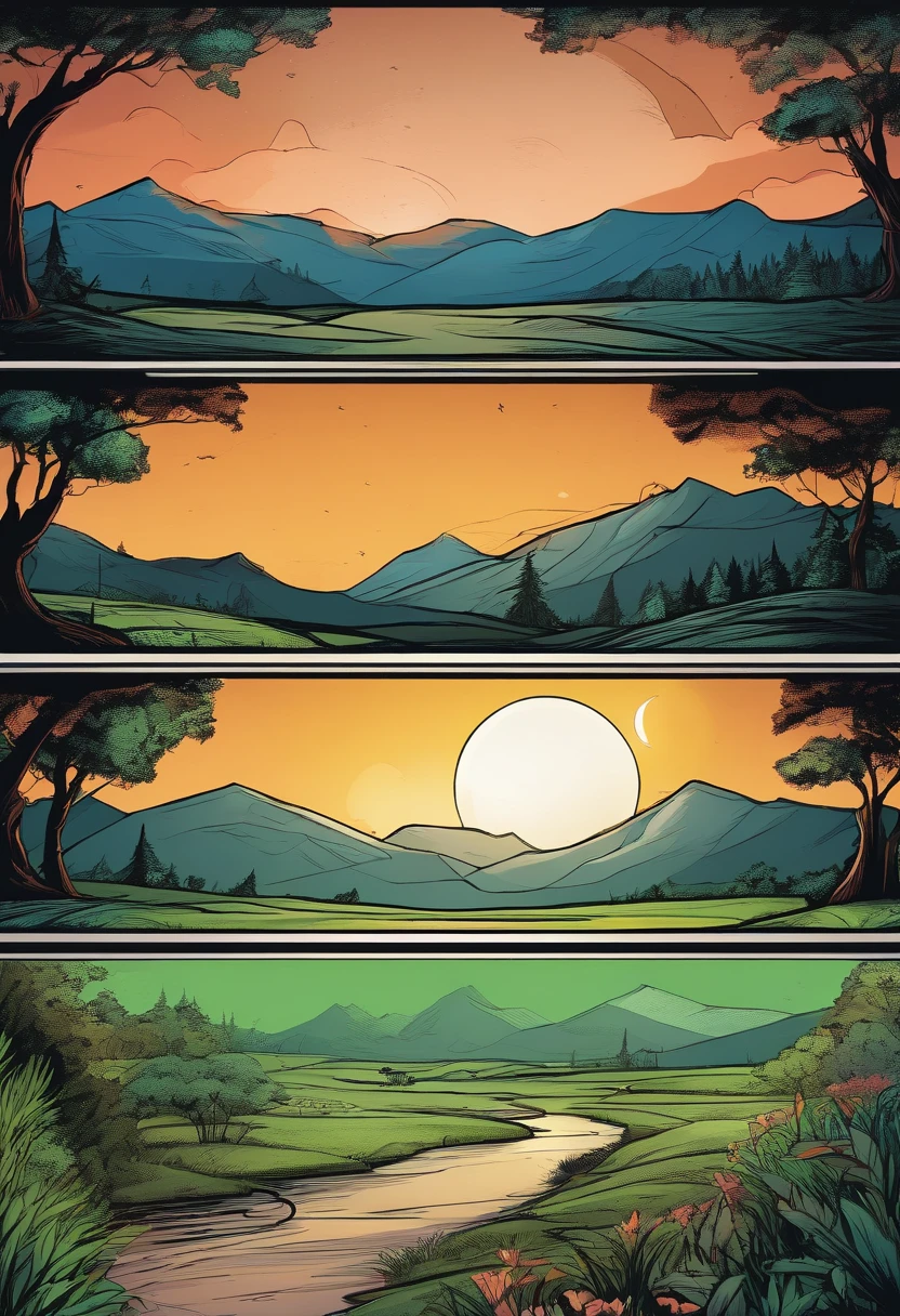 Night forest panels with full moon with mountains and grassland dark,comic panels