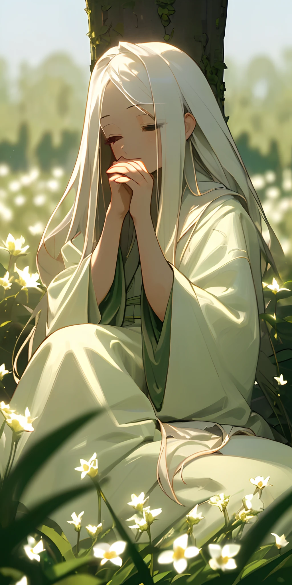 (masterpiece、top-quality)、One girl with long white hair sitting in a field of green plants and flowers、Put your hands under your chin、Warm lighting、robe blanche、blurred foreground、natta、Staring at this