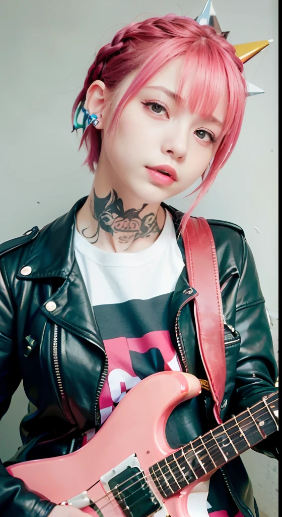 (masutepiece), (Portrait), (Aesthetic), (cute little), (upper blody), (High quality), (aesthetic clothings), (professional angle), (thirds rule), (Feminine), (Woman), , (Beautiful),(Feminine features), (18year old:1.4), Solo, 1 woman, (Charming punk girl), Blue eyes,faces、(A smile:1.5),(facing front:1.2),Dramatic light, ((Playing guitar)), Edgy makeup, (Small bust), ((electric guitar)), (Front face), (Leather jackets and tattoos), ((Short hair)), (dyed (E.G. and pinks) hair), (spiky hair), (Thick hair), Matte Shine Hair, (Hair bands scattered in the hair), (Bold and bold look), (pale skin), (Dark clothes), (Band T-shirt), (Ripped jeans), ((Urban alley background)), (up close shot), Beautiful hands, Two hands, normal hands, Two arms, complete hands, Beautiful body, Beautiful fingers, normal fingers, Five Fingers, Five Fingers, (Thumb index finger ring finger), Beautiful ears, normal ears, Beautiful eyes, shiny eyes, Beautiful mouth, Beautiful lips,Medium hair with pink hair, (Pink hair), Ear Hair, small tits, Single braid, (Single braid), (Side braid)
