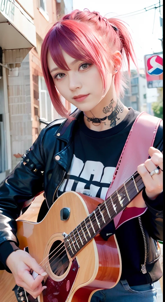 (masutepiece), (Portrait), (Aesthetic), (cute little), (upper blody), (High quality), (aesthetic clothings), (professional angle), (thirds rule), (Feminine), (Woman), , (Beautiful),(Feminine features), (18year old:1.4), Solo, 1 woman, (Charming punk girl), Blue eyes,faces、(A smile:1.5),(facing front:1.2),Dramatic light, ((Playing guitar)), Edgy makeup, (Small bust), ((electric guitar)), (Front face), (Leather jackets and tattoos), ((Short hair)), (dyed (E.G. and pinks) hair), (spiky hair), (Thick hair), Matte Shine Hair, (Hair bands scattered in the hair), (Bold and bold look), (pale skin), (Dark clothes), (Band T-shirt), (Ripped jeans), ((Urban alley background)), (up close shot), Beautiful hands, Two hands, normal hands, Two arms, complete hands, Beautiful body, Beautiful fingers, normal fingers, Five Fingers, Five Fingers, (Thumb index finger ring finger), Beautiful ears, normal ears, Beautiful eyes, shiny eyes, Beautiful mouth, Beautiful lips,Medium hair with pink hair, (Pink hair), Ear Hair, small tits, Single braid, (Single braid), (Side braid)