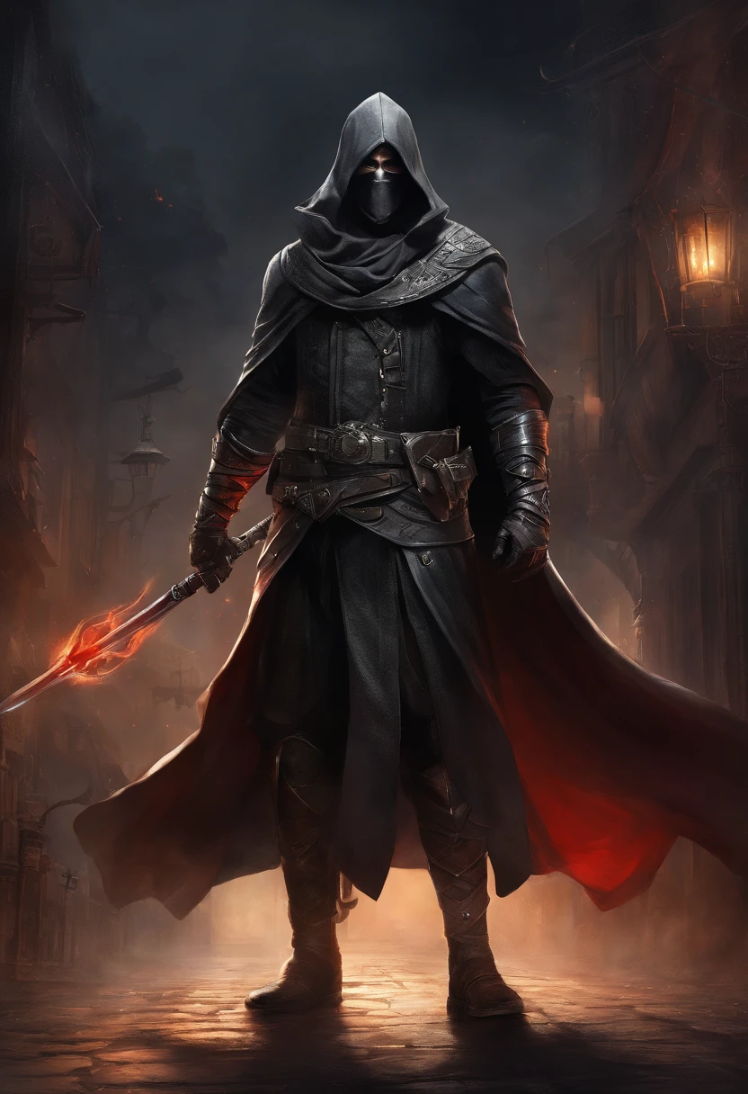 (ultra-detailed CG unit 8k wallpaper, Master parts, Best quality, depth of fields, hdr), 1male, anime character, short silver hair, long black cape, black hood, no hoods, turtleneck, serious, metal mask in the eyes, The mask is painted with a scary smile, white mask, The mask fits the face just right, on top of a old town (night) , vigilant, trained physique, assassin style, black clothing all over the body, agile, light armor, anime (Master parts: 1.4) (illustration: 1.4), Red studio lighting, Post-processing, 8K resolution, deep dark background, imponent, Well-composed photos, Impressive, (darken: 1.5)