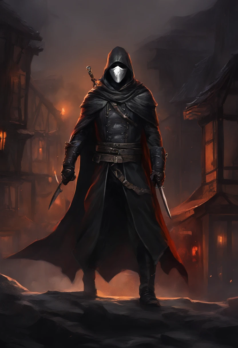 (ultra-detailed CG unit 8k wallpaper, Master parts, Best quality, depth of fields, hdr), 1male, anime character, short silver hair, long black cape, black hood, no hoods, turtleneck, serious, metal mask in the eyes, The mask is painted with a scary smile, white mask, The mask fits the face just right, on top of a old town (night) , vigilant, trained physique, assassin style, black clothing all over the body, agile, light armor, anime (Master parts: 1.4) (illustration: 1.4), Red studio lighting, Post-processing, 8K resolution, deep dark background, imponent, Well-composed photos, Impressive, (darken: 1.5)