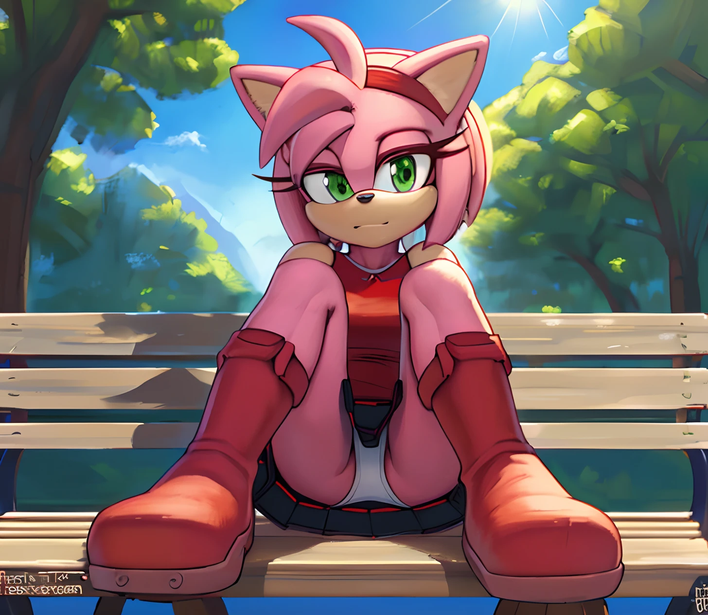 [Amy Rose], [sonic the hedgehog \(series\)], [Uploaded to e621.net; (Pixelsketcher), (twistedterra), (napalm_express)], ((masterpiece)), ((solo portrait)), ((front view)), ((full body)), ((detailed fur)), ((detailed shading)), ((beautiful render art)), ((intricate details)), {anthro, (pink fur), black nose, animal ears, cute green eyes, short hair, headband, short tail, (beautiful legs), (expressionless), (pouting)}, {(short red dress), (red knee-high boots), (white stripes on boots)}, {(sitting on bench), (legs crossed), (head resting on hand), (upskirt white panties), (looking at viewer)}, [background; (park), (dirt pathway), (blue sky), (sun rays)]